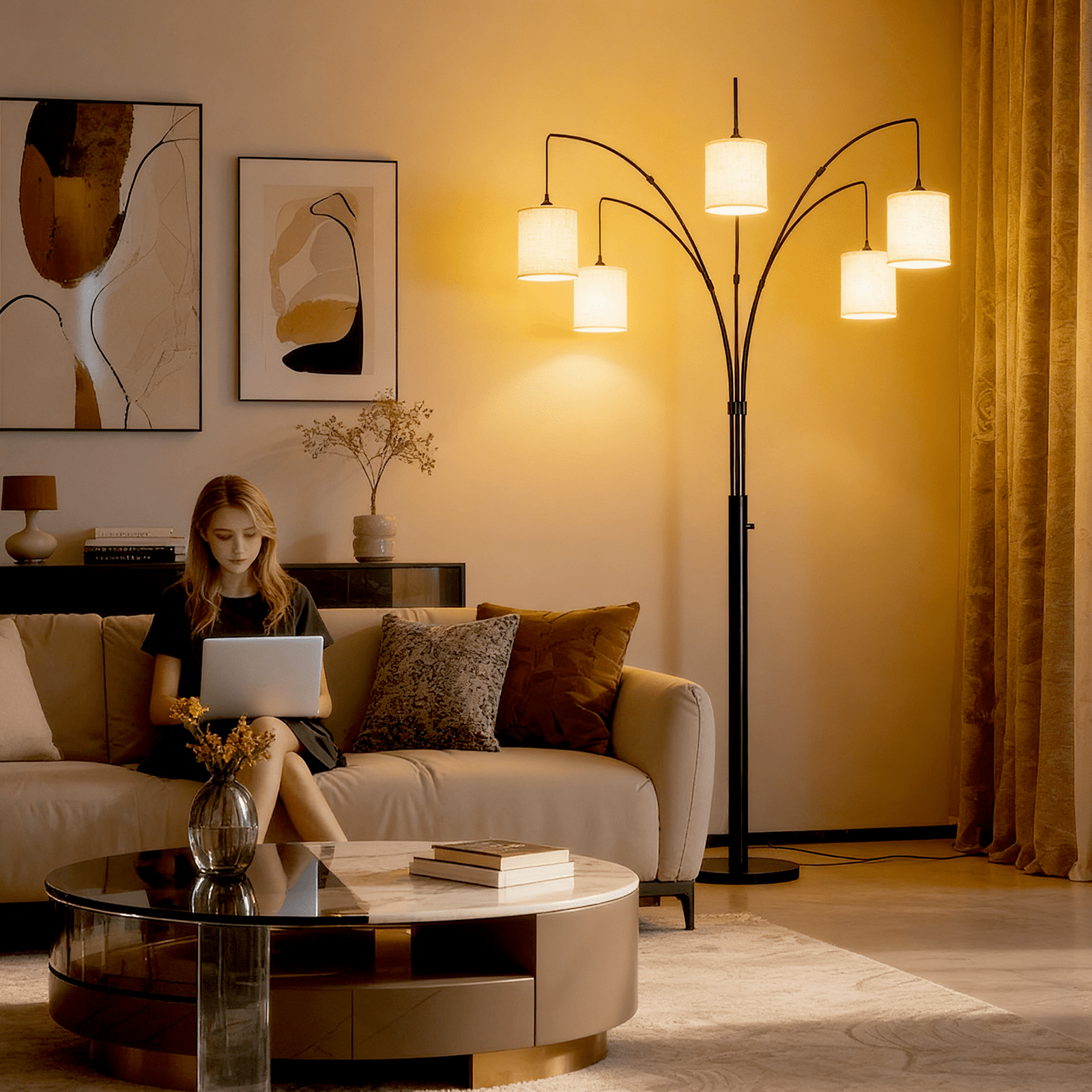 Cozylumi™ 5 Lights Tree Floor Lamp, 83.5" Large Tall Standing Lamp with Drum Linen