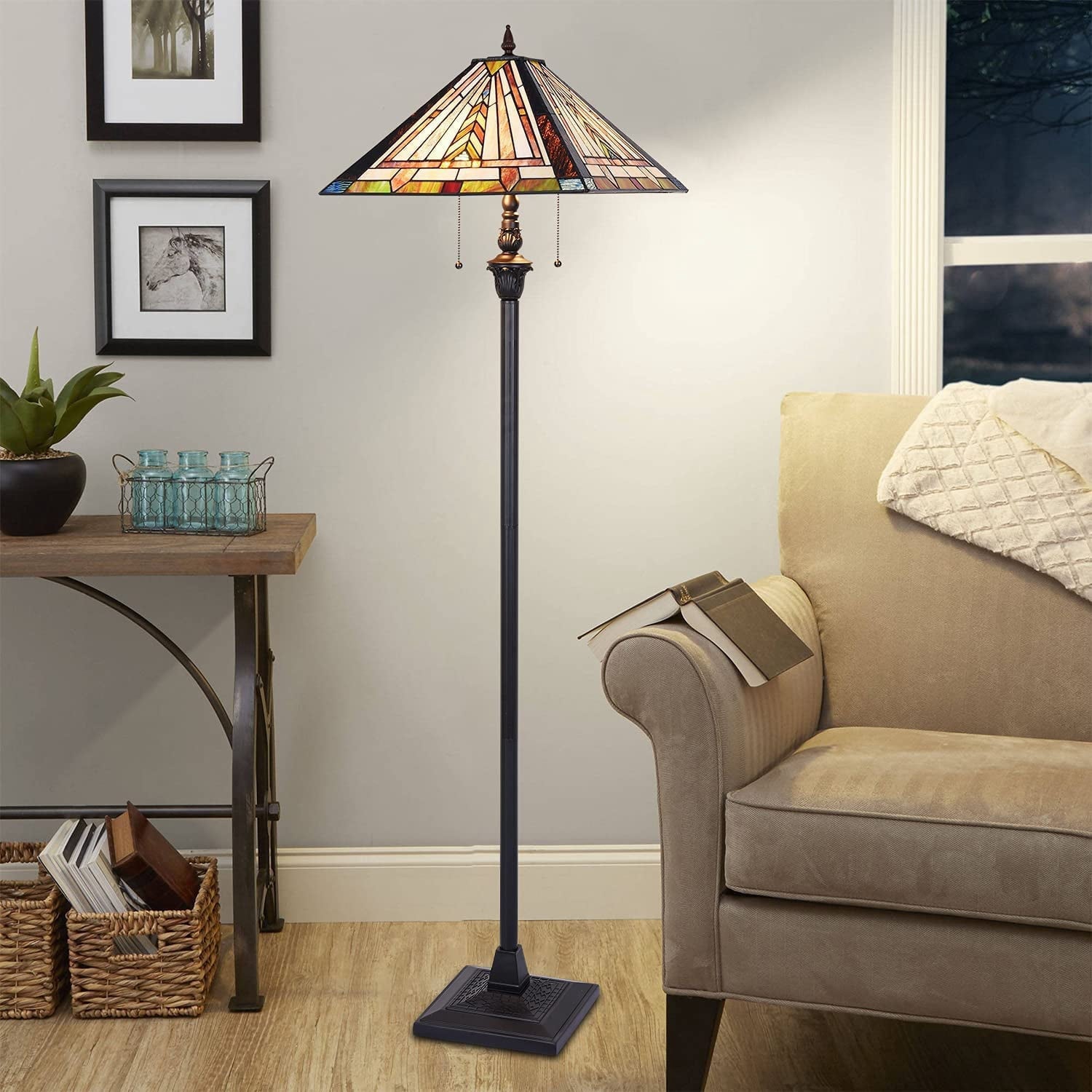 Cozylumi™ Tiffany Floor Lamp Mission Style Blue Stained Glass Floor Light for Reading