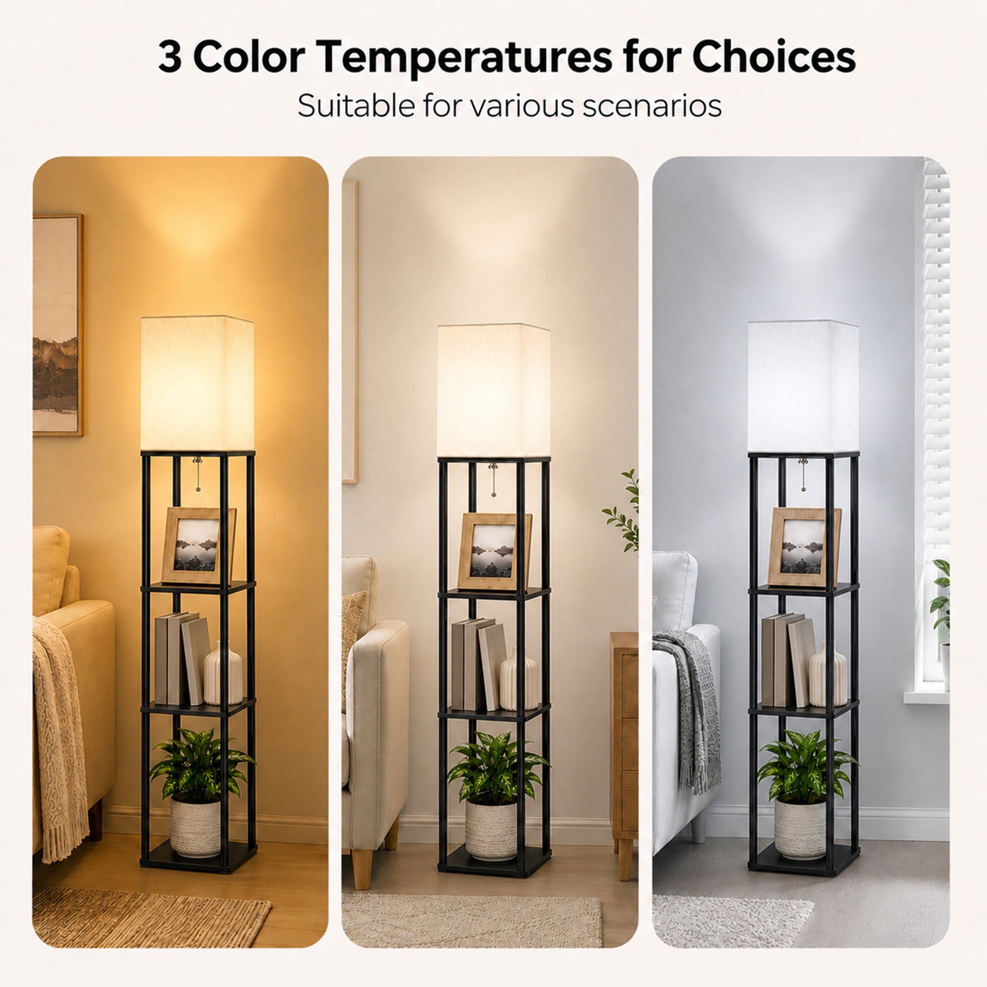 Cozylumi™ Floor Lamp With Shelves, 62 Black Shelf Floor Lamp with 9W LED Bulb, 3 Color