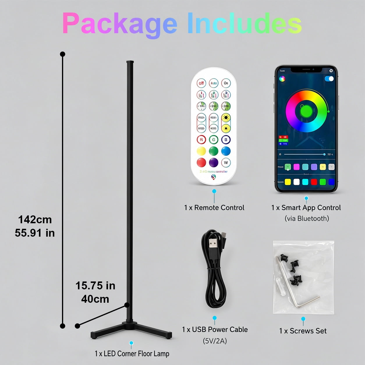 Cozylumi™ Rirool RGB Corner Floor Lamp, 55.91 in LED Standing Light with App Remote