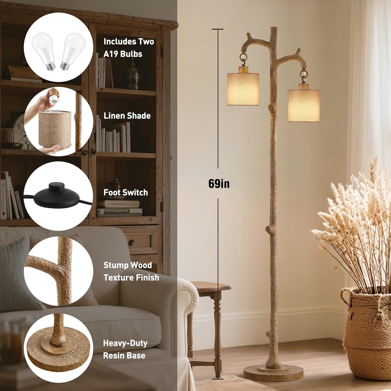Cozylumi™ Floor Lamp for Living Room - 69" Rustic Farmhouse Tree Trunk Tall Lamp