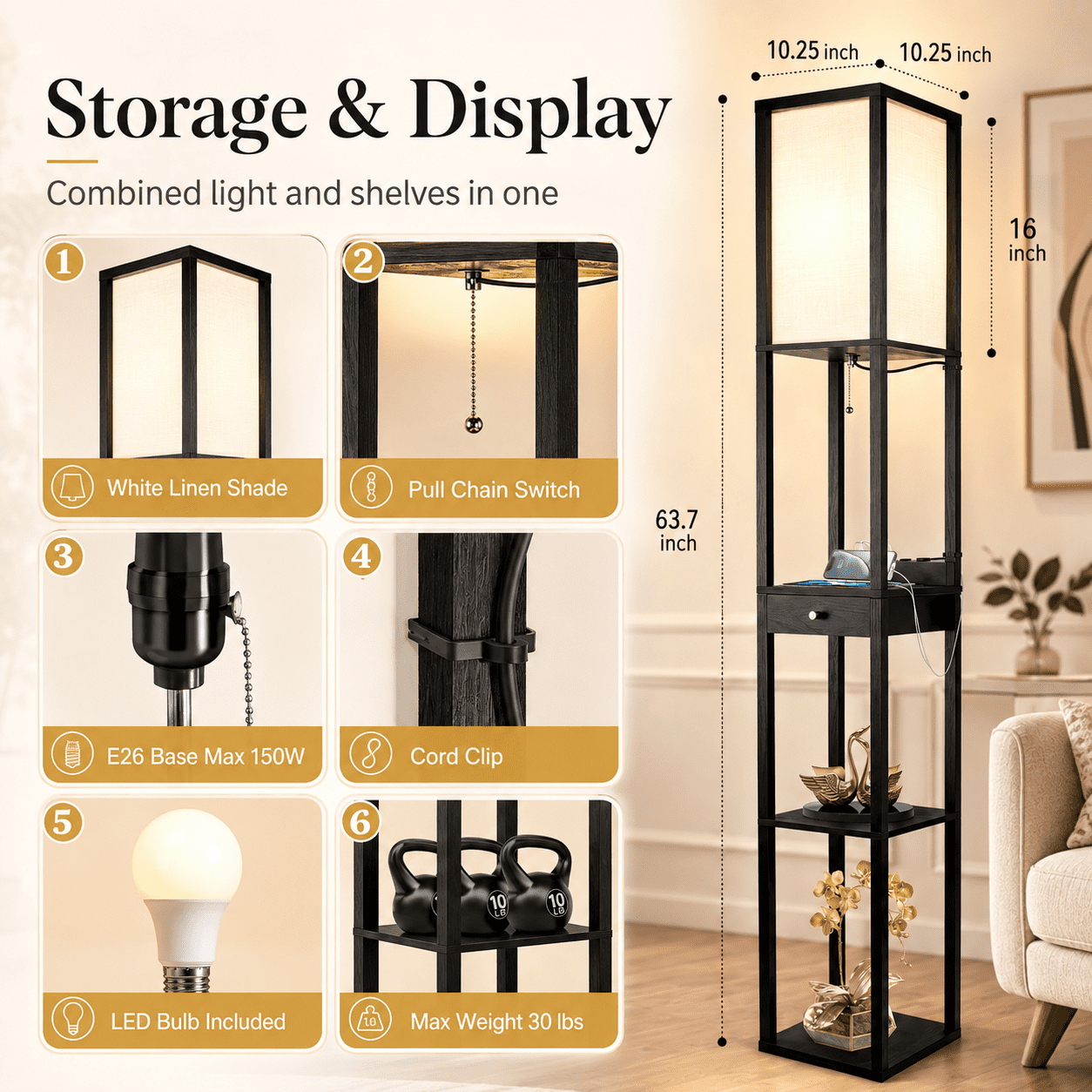 Cozylumi™ Floor Lamp with Shelves & Drawer, LED Standing Lamps with 3 Color