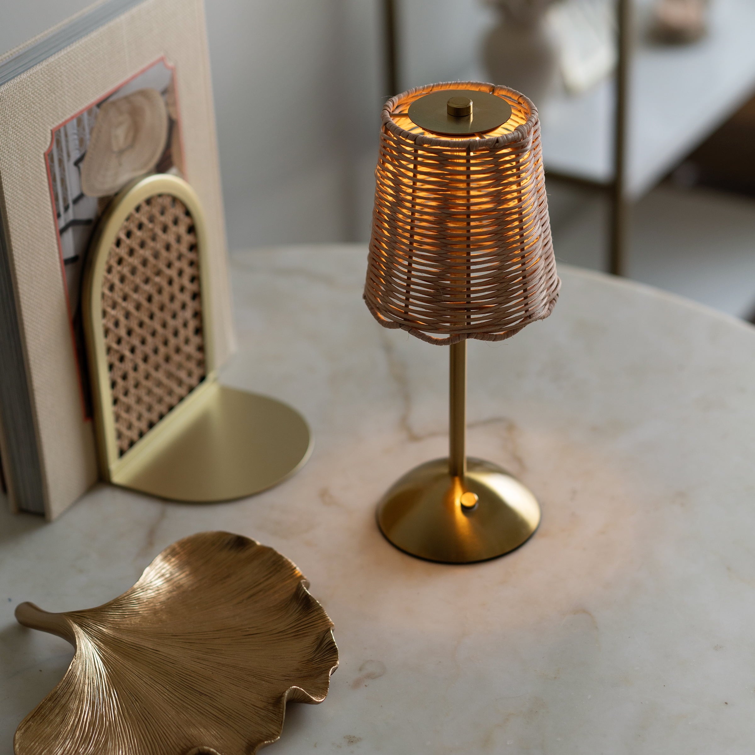 Cozylumi™ Cordless Indoor Rattan and Gold Colored Table Lamp with Touch Switch/Dimmer