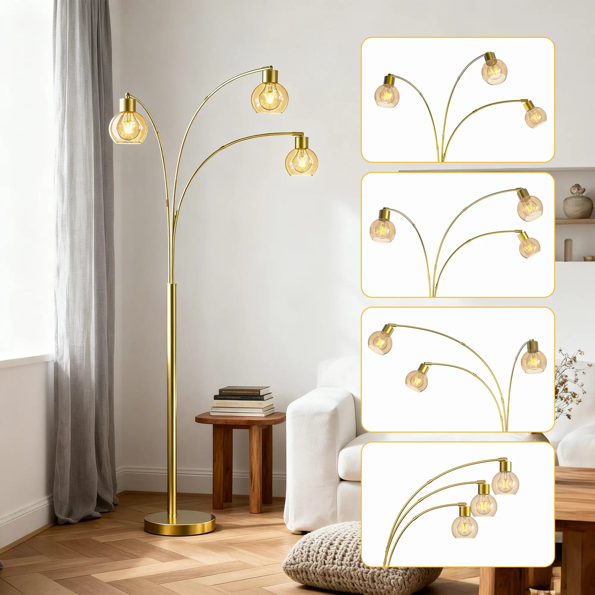 Cozylumi™ 72.8in 3-Light Arc Floor Lamp Brushed Gold , Modern Industrial Standing Tree
