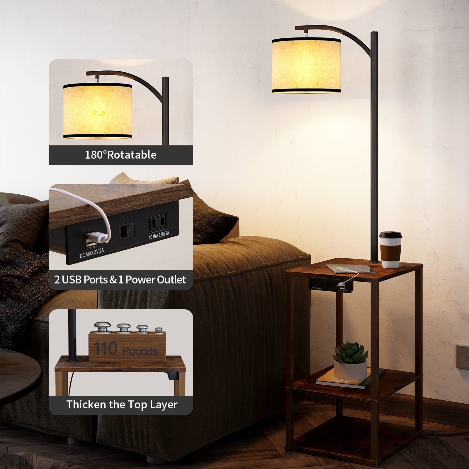 Cozylumi™ Floor Lamp with Table, Lamps for Living Room with USB Charging Station Port
