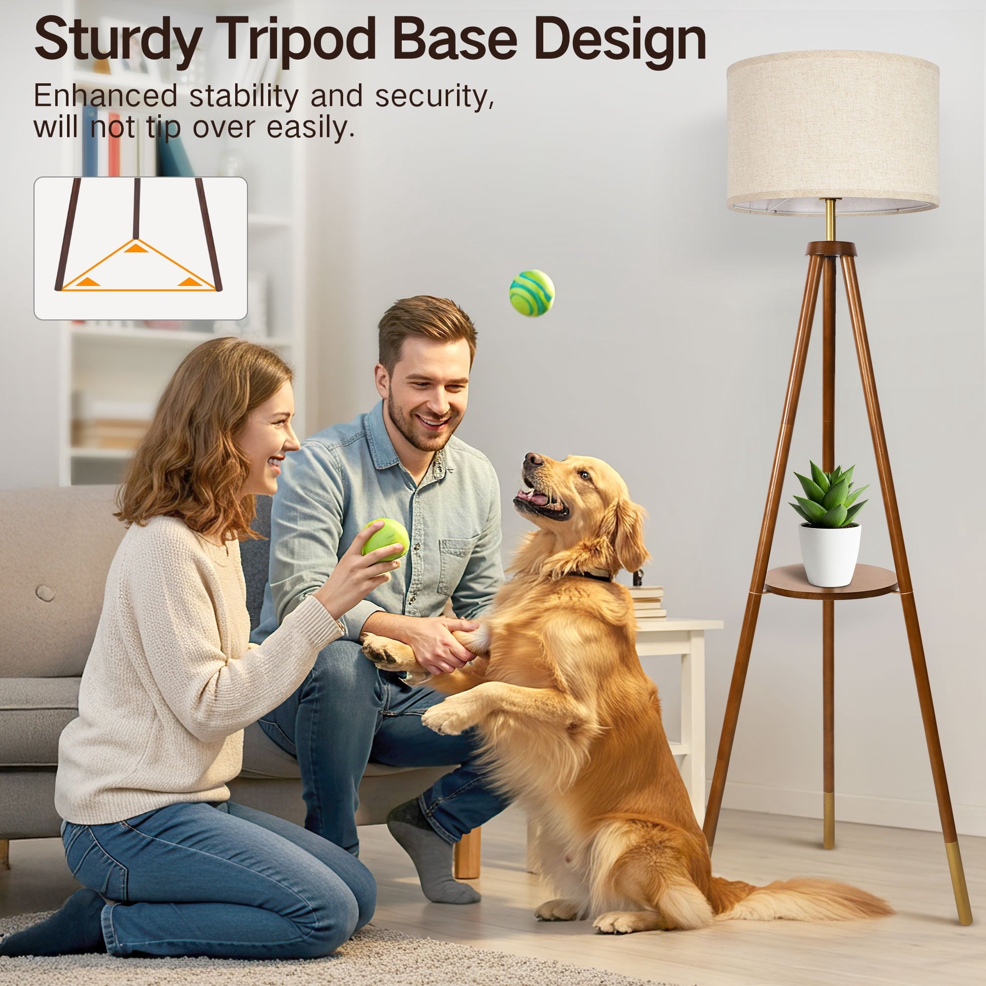Cozylumi™ Wood Tripod Floor Lamp with Shelves, Dimmable Standing Lamps with Remote