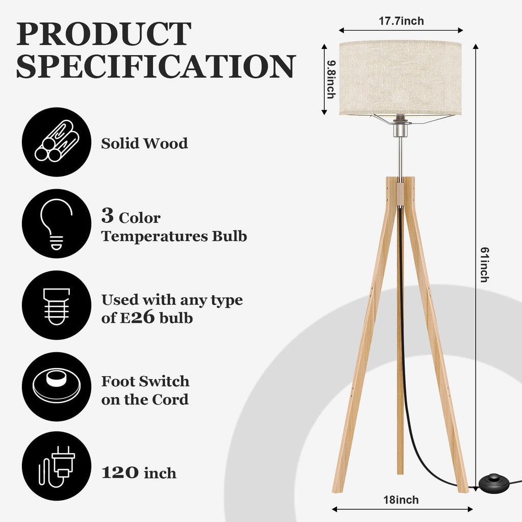 Cozylumi™ BLITZWILL Natural Wood Tripod Floor Lamp,Includes Light Bulb,E26 Base,LED