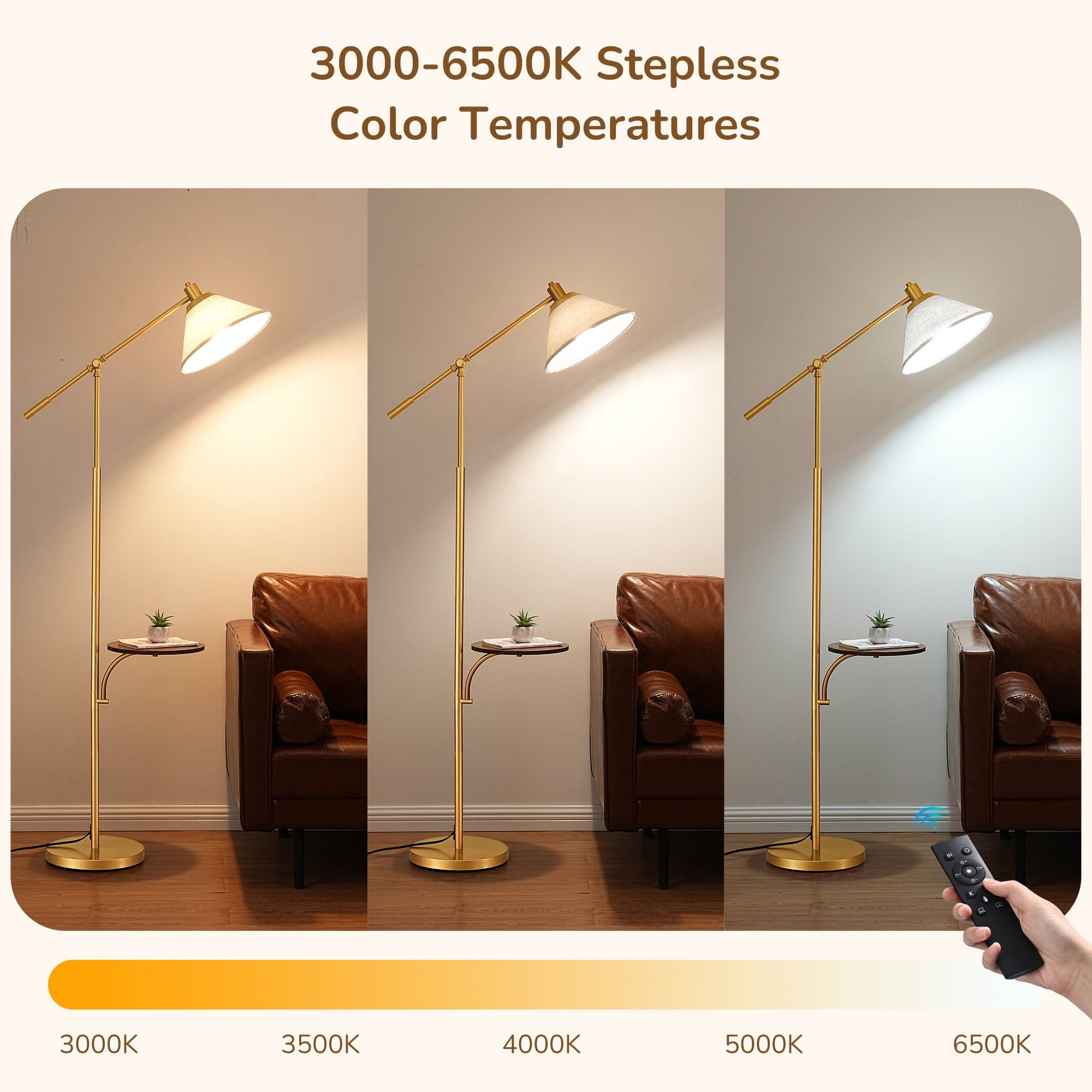 Cozylumi™ 68" Gold Floor Lamp with Table for Living Room, Height Adjustable, 5 Color