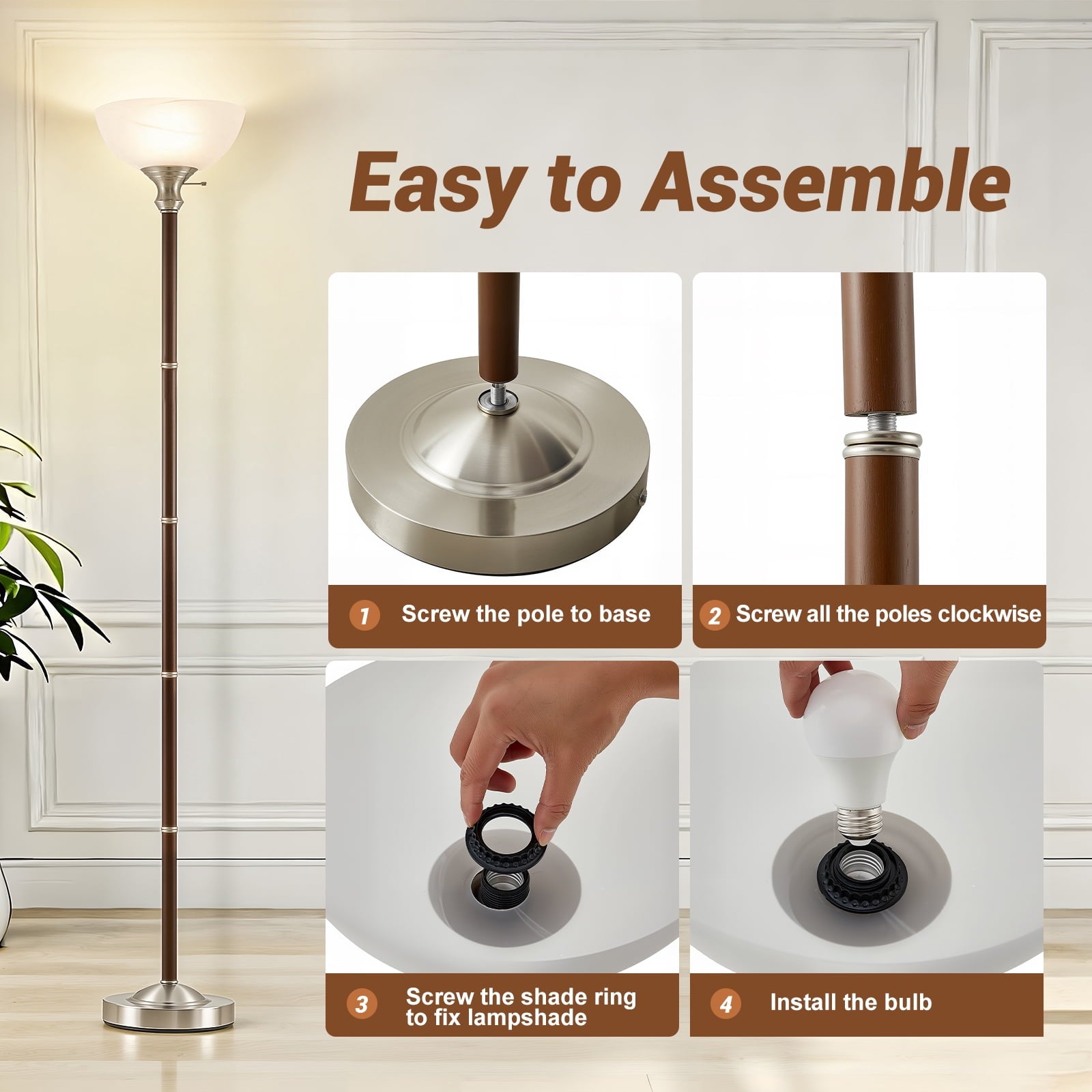 Cozylumi™ Wood Floor Lamp for Living Room - Standing Lamp with Glass Shade Floor Lamps