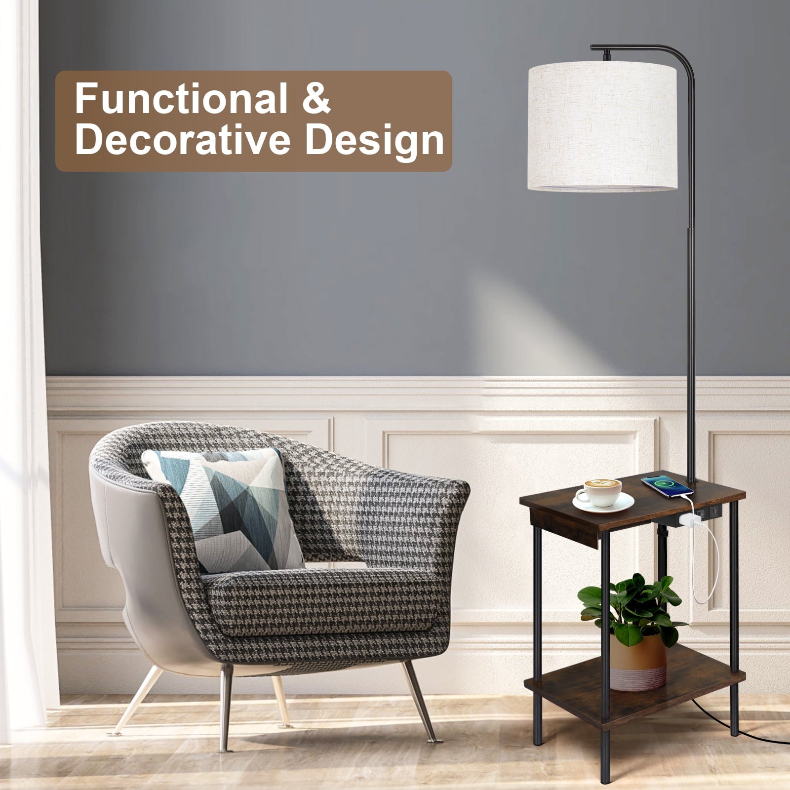 Cozylumi™ Floor Lamp with Table, End Table with Lamp for Living Room with USB & Type C