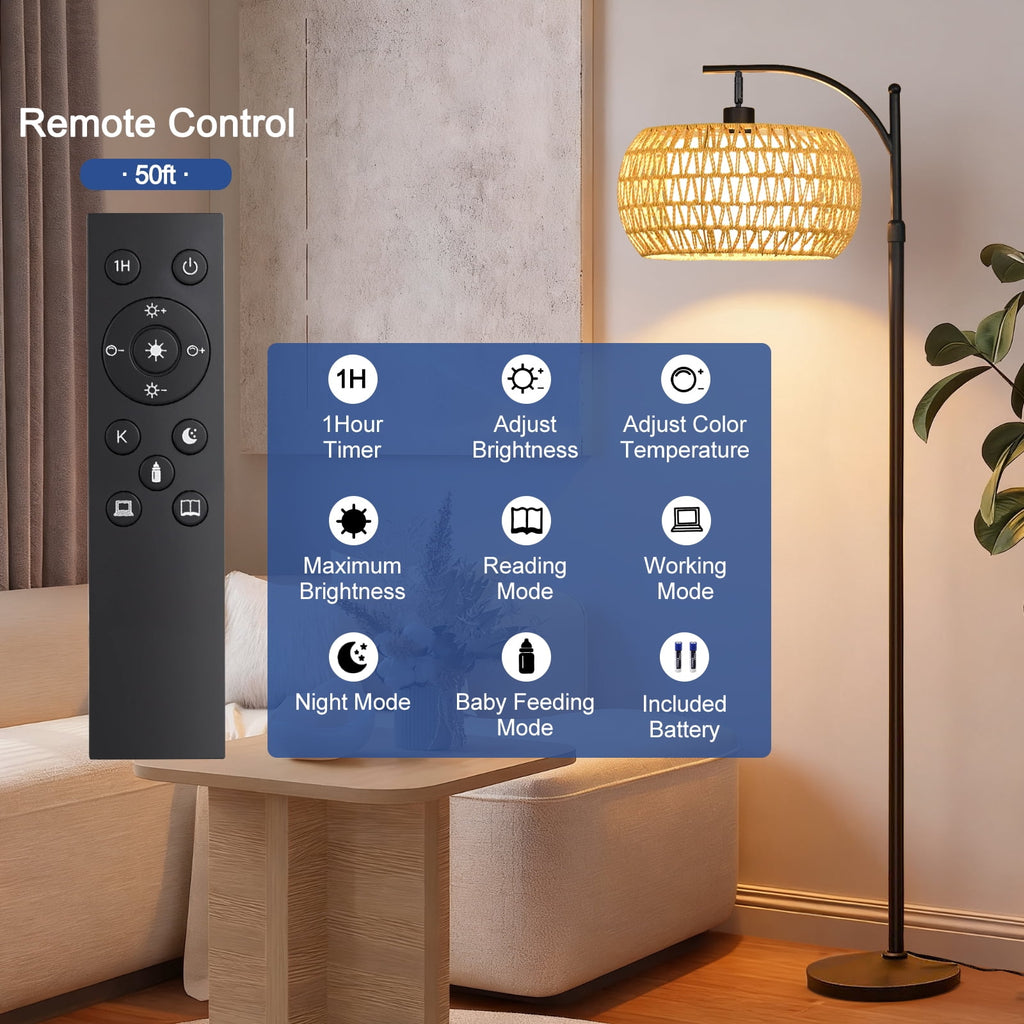 Cozylumi™ 70'' Dimmable Arc Rattan Floor Lamp Standing Lamp with Rattan & Fabric Double