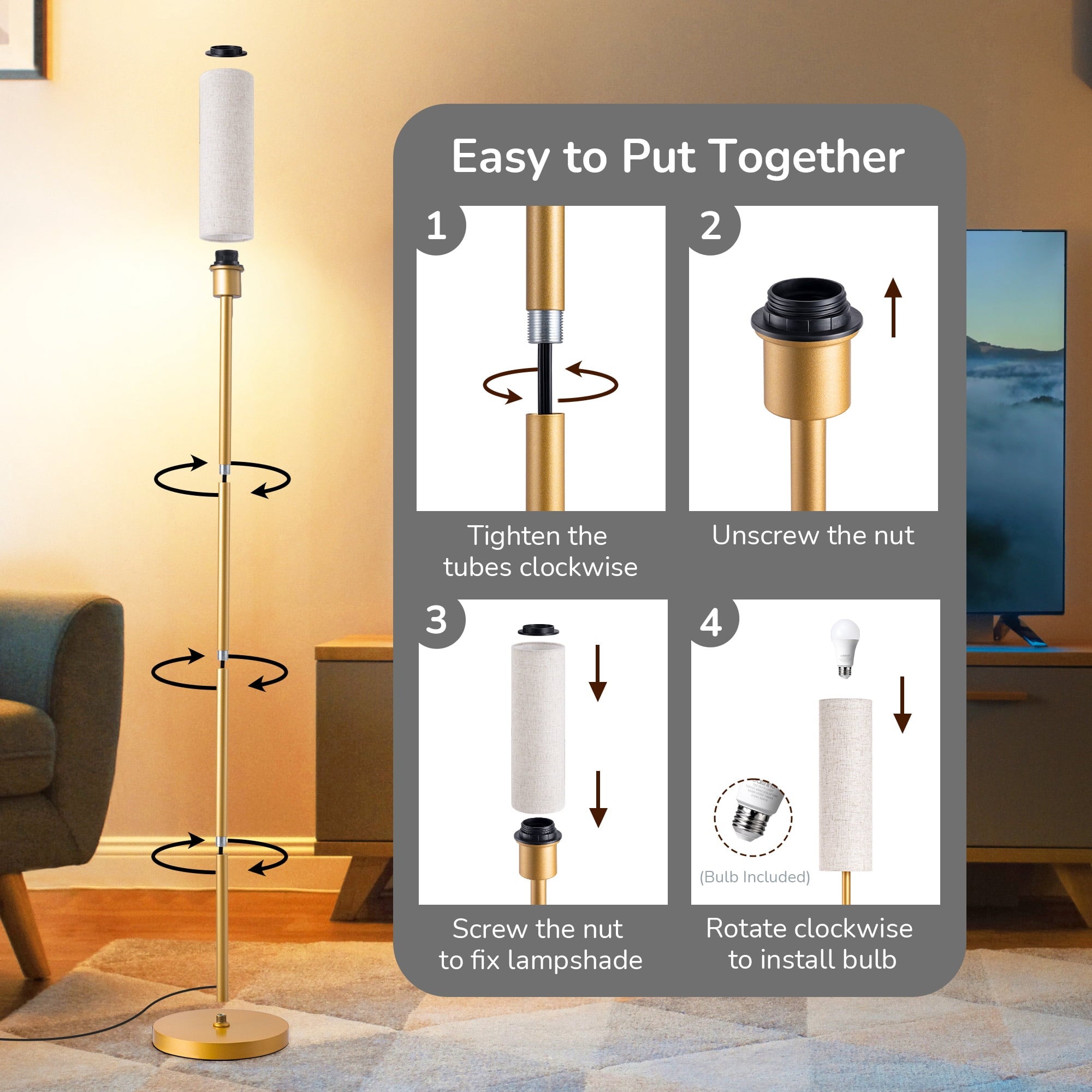Cozylumi™ 65in Gold Floor Lamps with Remote for Living Room, 2700K-6000K, Standing Tall