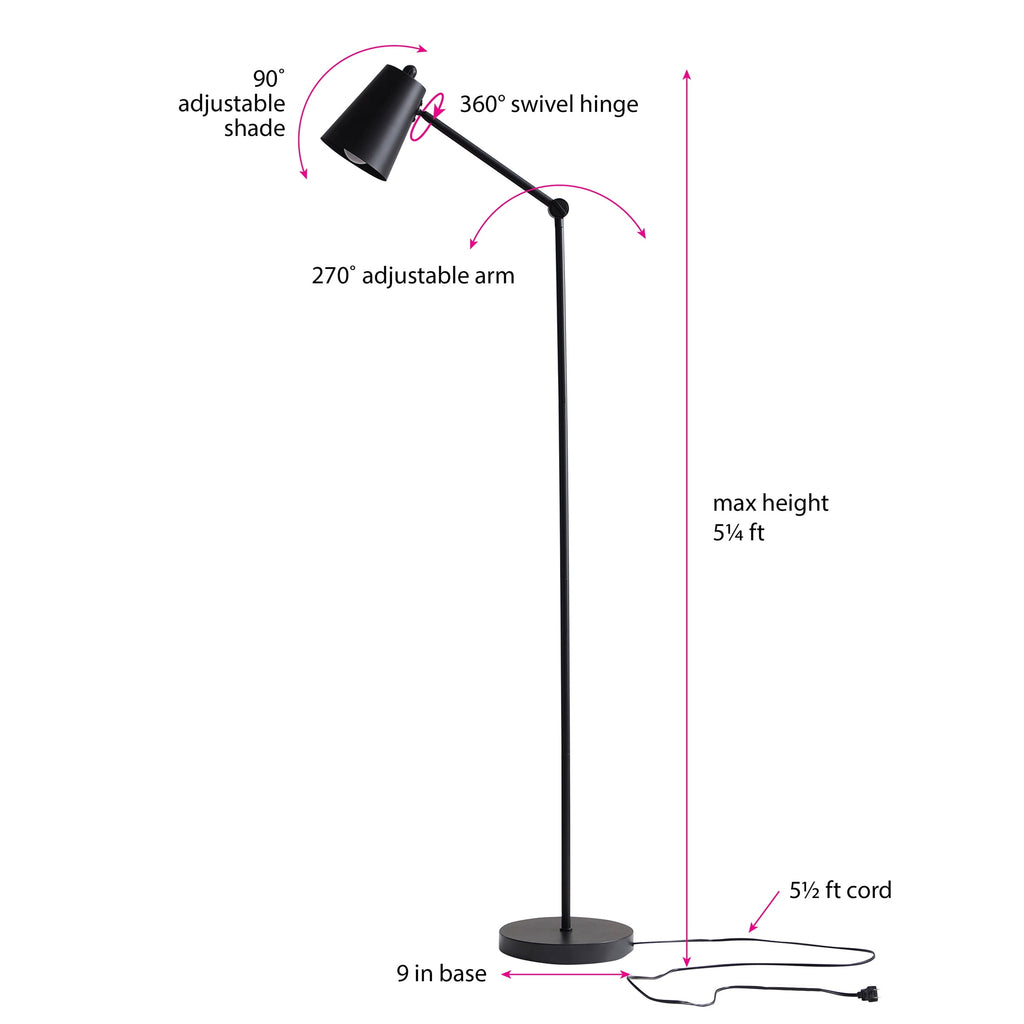 Cozylumi™ 64 in Black Architect Floor Lamp, Matte Metal Finish