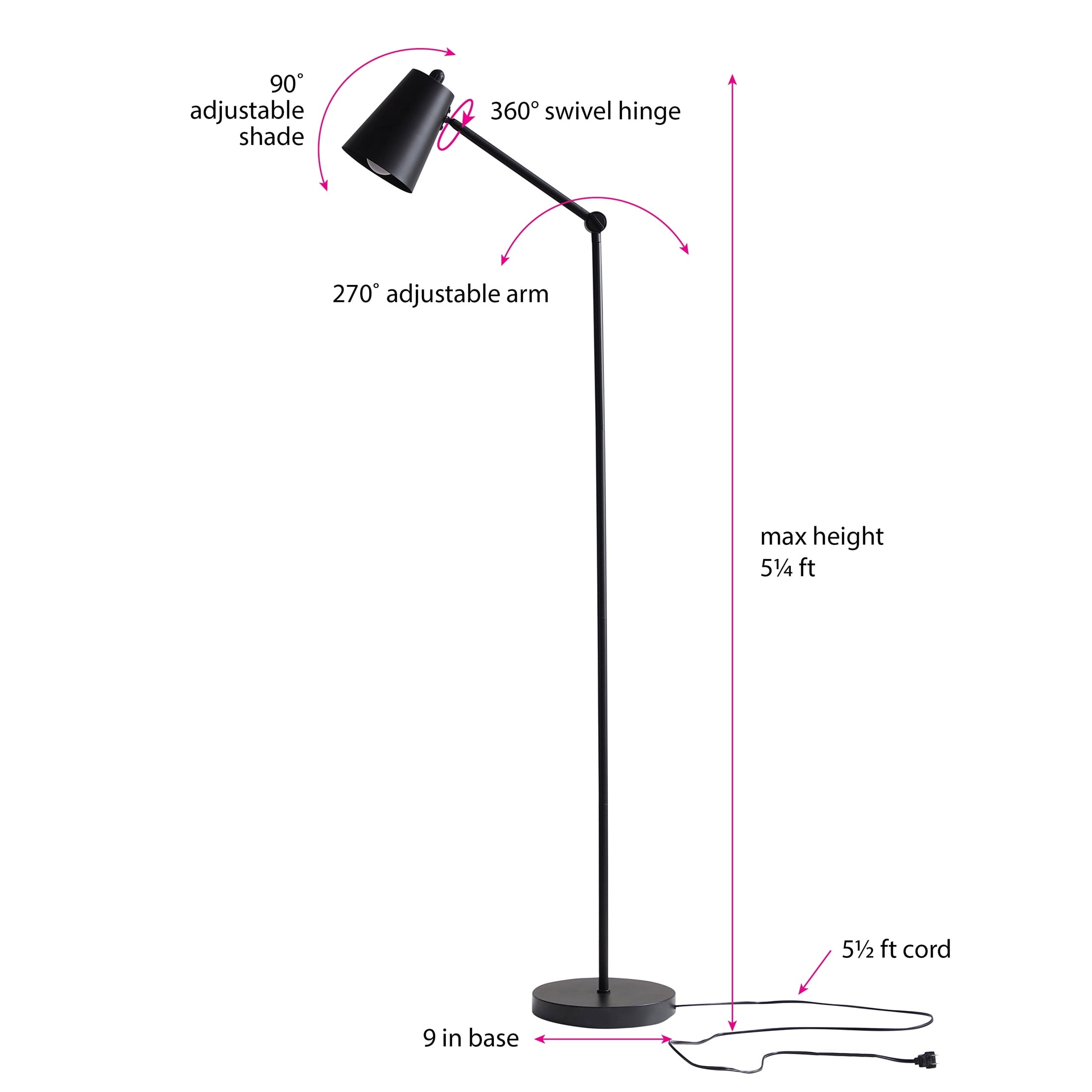 Cozylumi™ 64 in Black Architect Floor Lamp, Matte Metal Finish