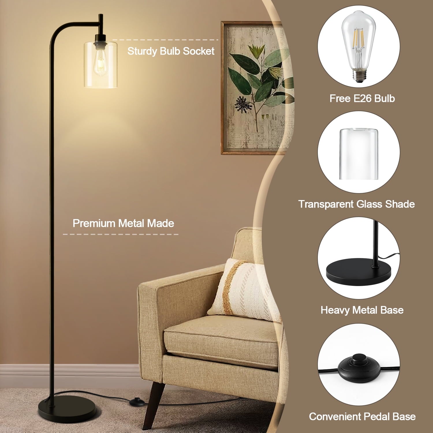 Cozylumi™ Vesteel Arc Floor Lamp for Living Room, Modern Standing Lamp with Glass