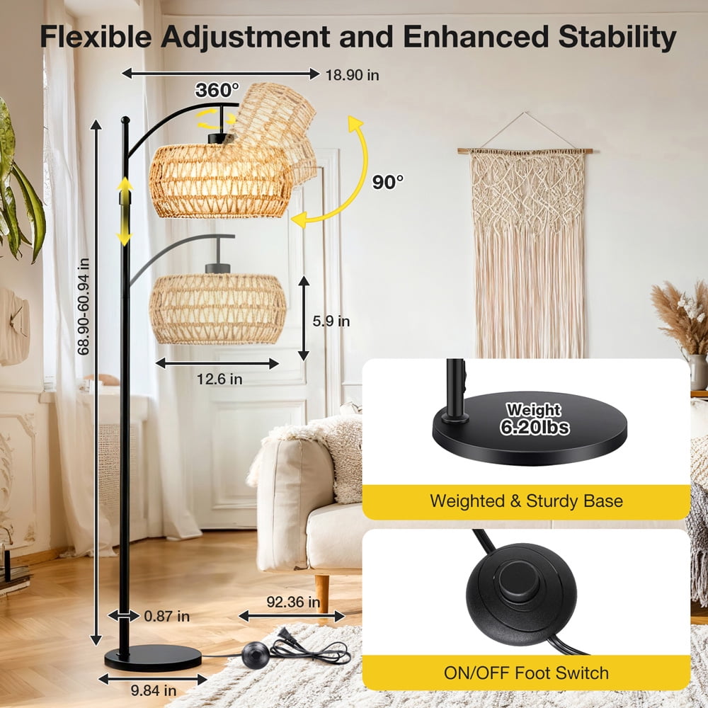 Cozylumi™ BLITZWILL RGB Arc Floor Lamp,3 Color Temperatures Dimmable,Rattan Boho Floor