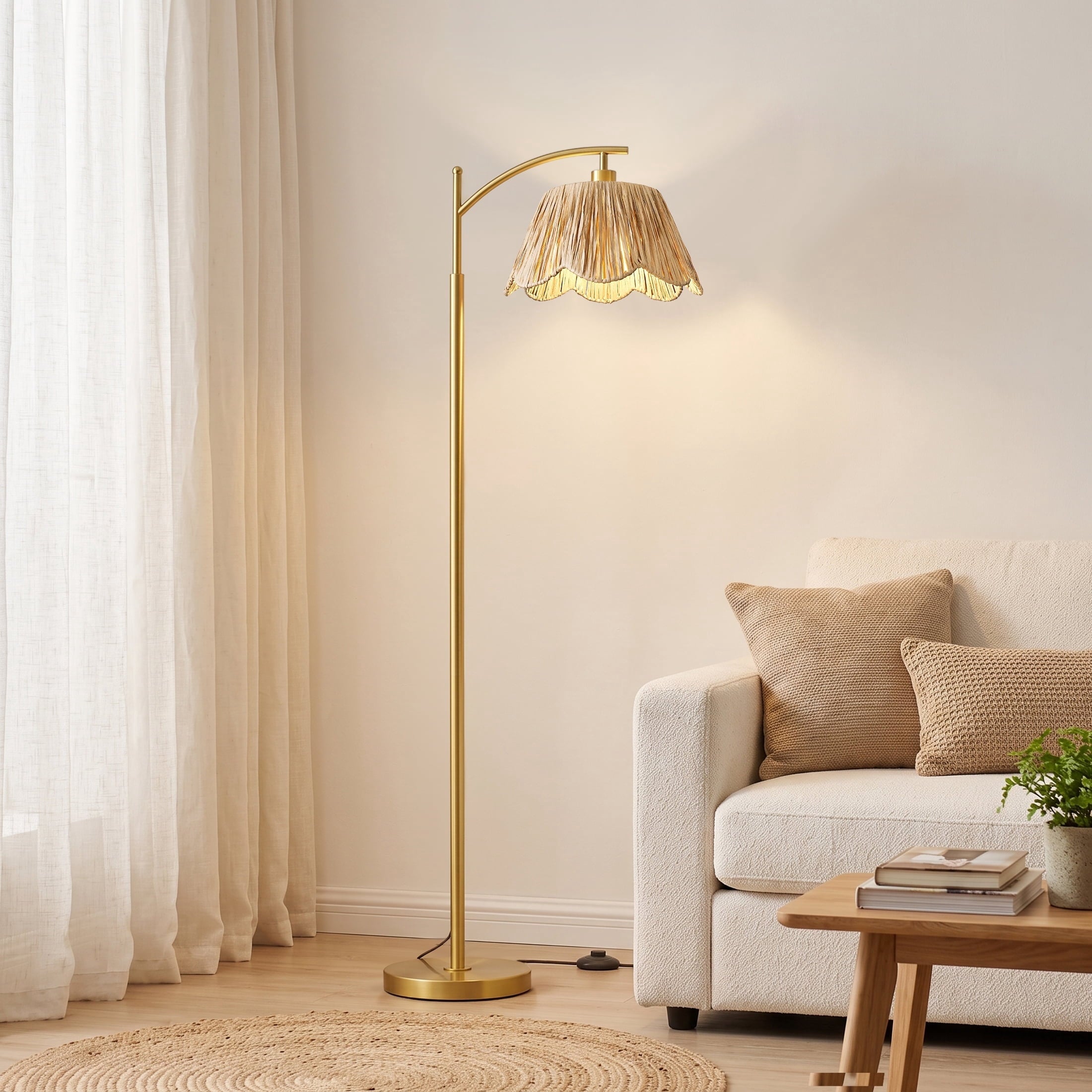 Cozylumi™ 62.5" Boho Arc Floor lamp with Brown Rattan Shade,Farmhouse Gold Standing