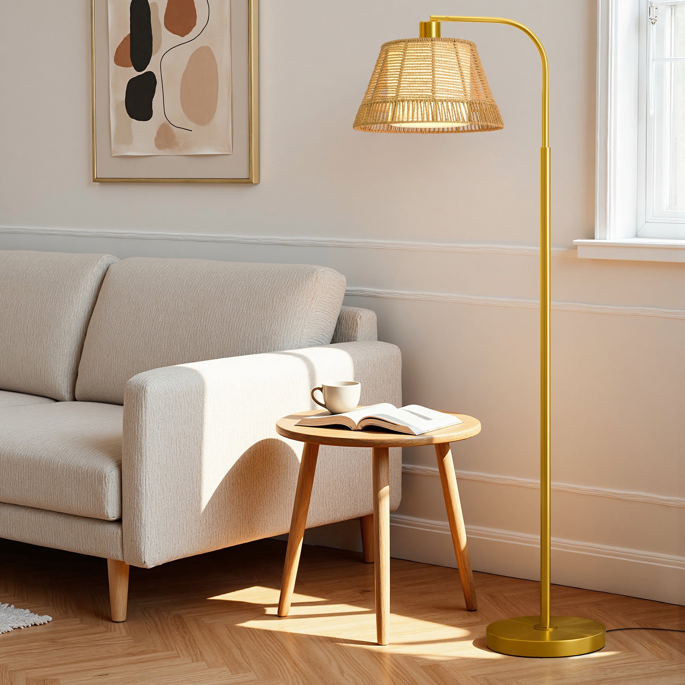 Cozylumi™ 62.5" Boho Arc Floor lamp with Brown Rattan Shade,Farmhouse Gold Standing