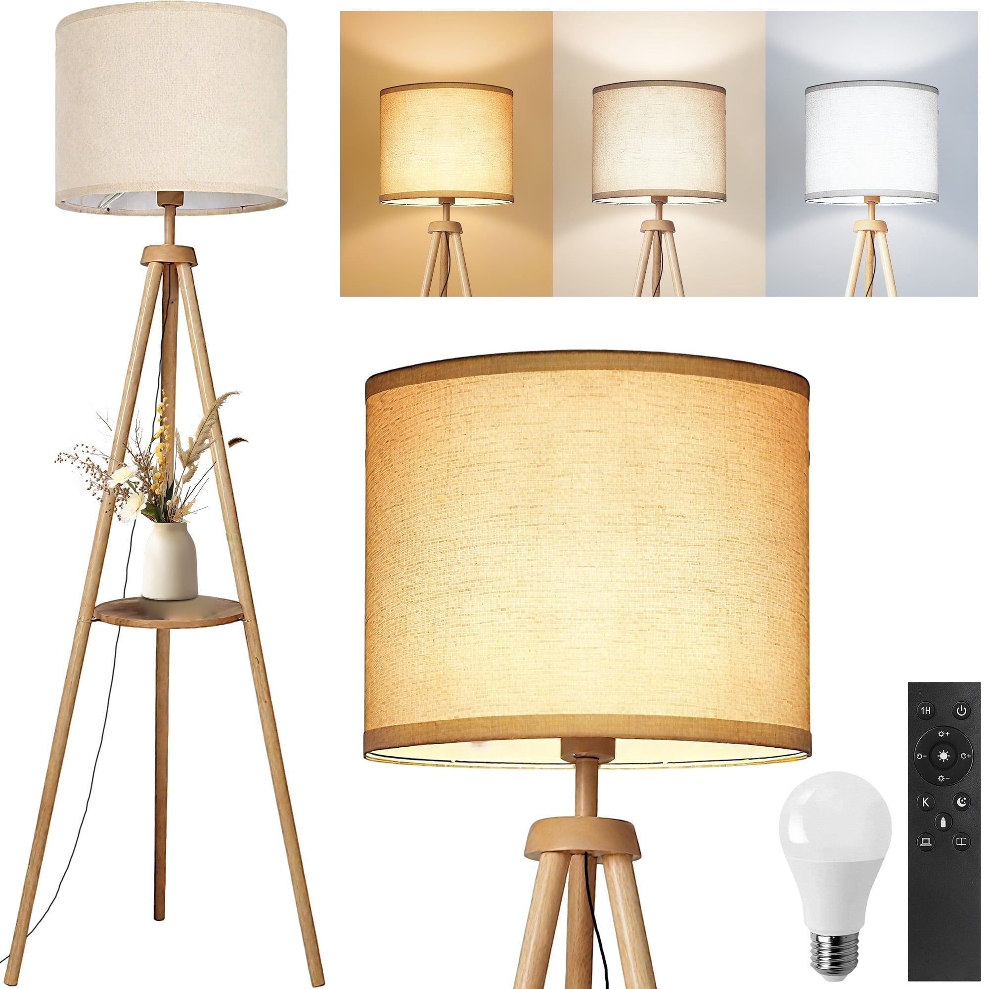 Cozylumi™ Floor Lamp for Living Room, 60'' Wood Tripod Floor Lamp with Shelves, 3 Color