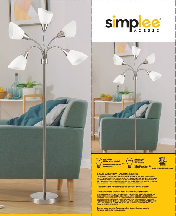 Cozylumi™ Simplee 67" 5-Light Modern Adjustable Arm Brushed Steel Floor Lamp with White