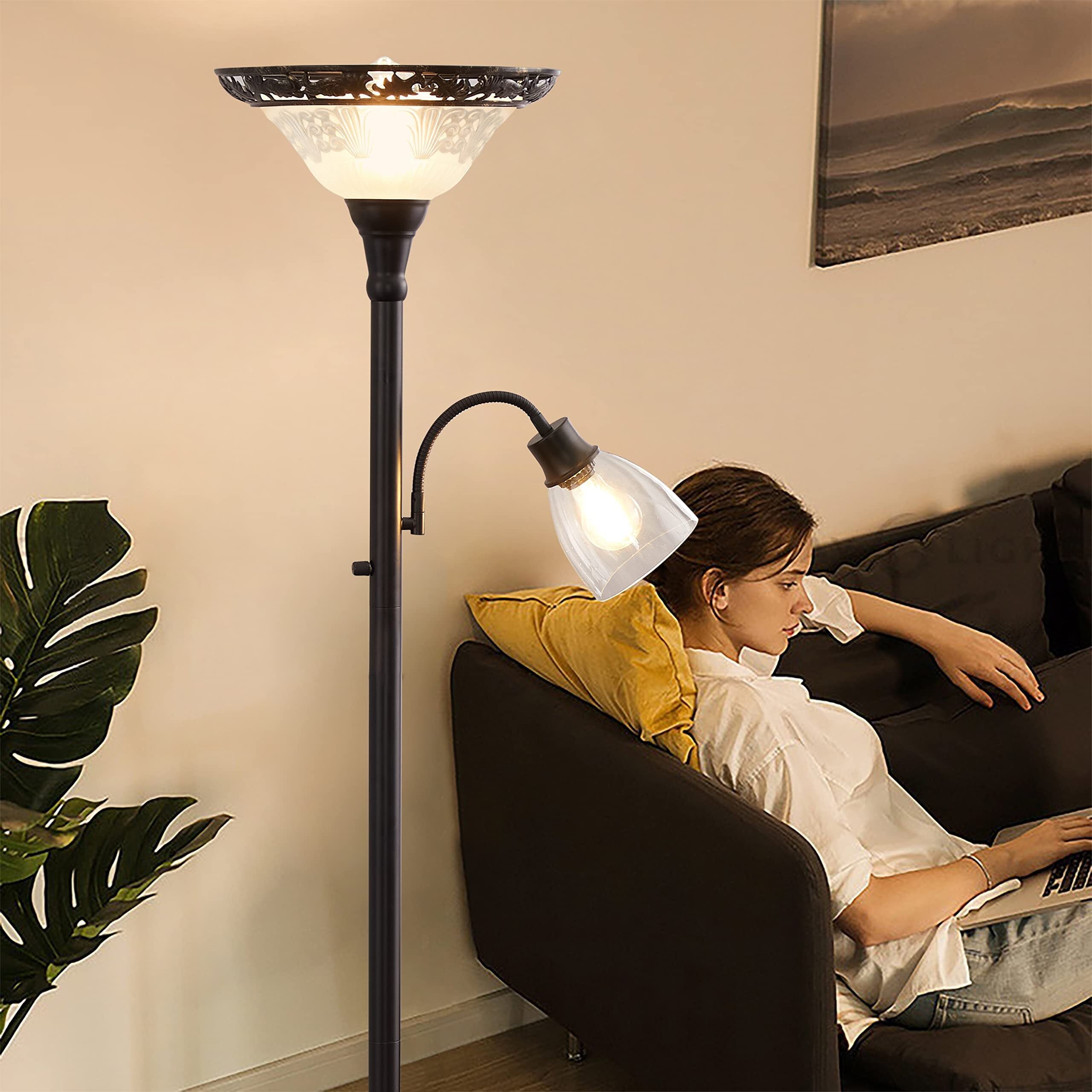 Cozylumi™ 70" Victorian Floor Lamp, Etched Glass Shade, Metal Body & Heavy Base