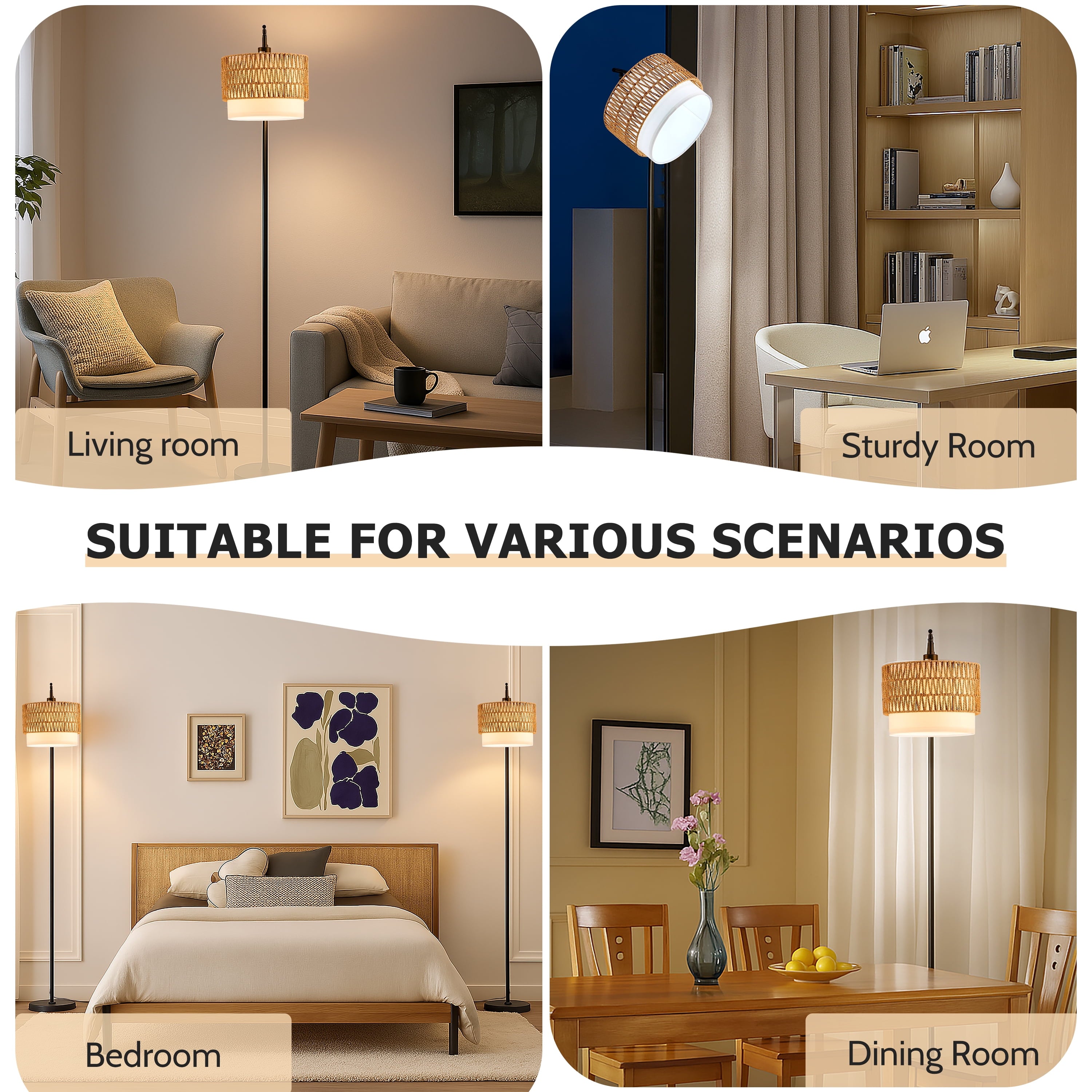Cozylumi™ Coliware Rattan Floor Lamp for Living Room, Standing Lamp with Double Drum
