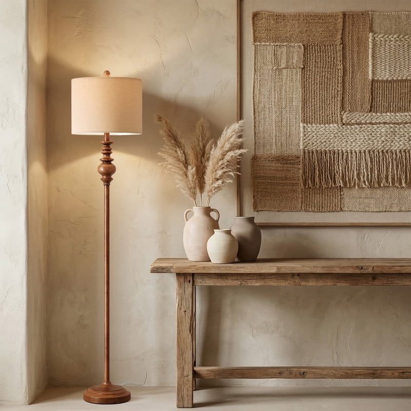 Cozylumi™ 64.25" Farmhouse Floor Lamp,Brown Bedside Lamp with Fabric Shade,Standing