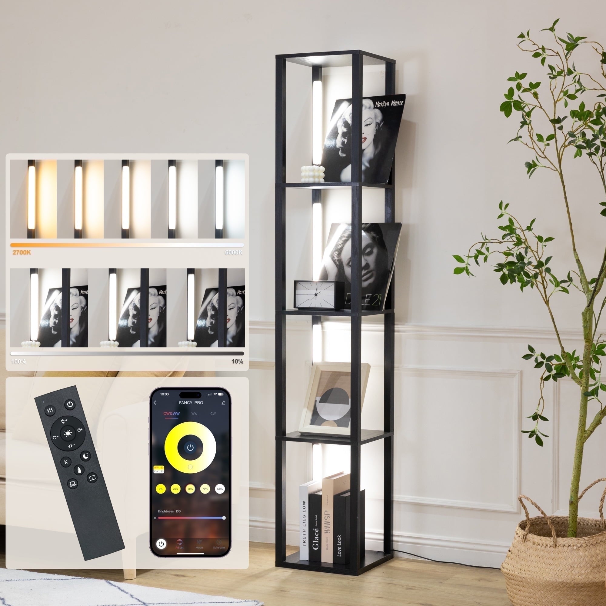 Cozylumi™ FENLO LED Floor Lamp with Shelves, Dimmable Color-Changing 4-Tier Display