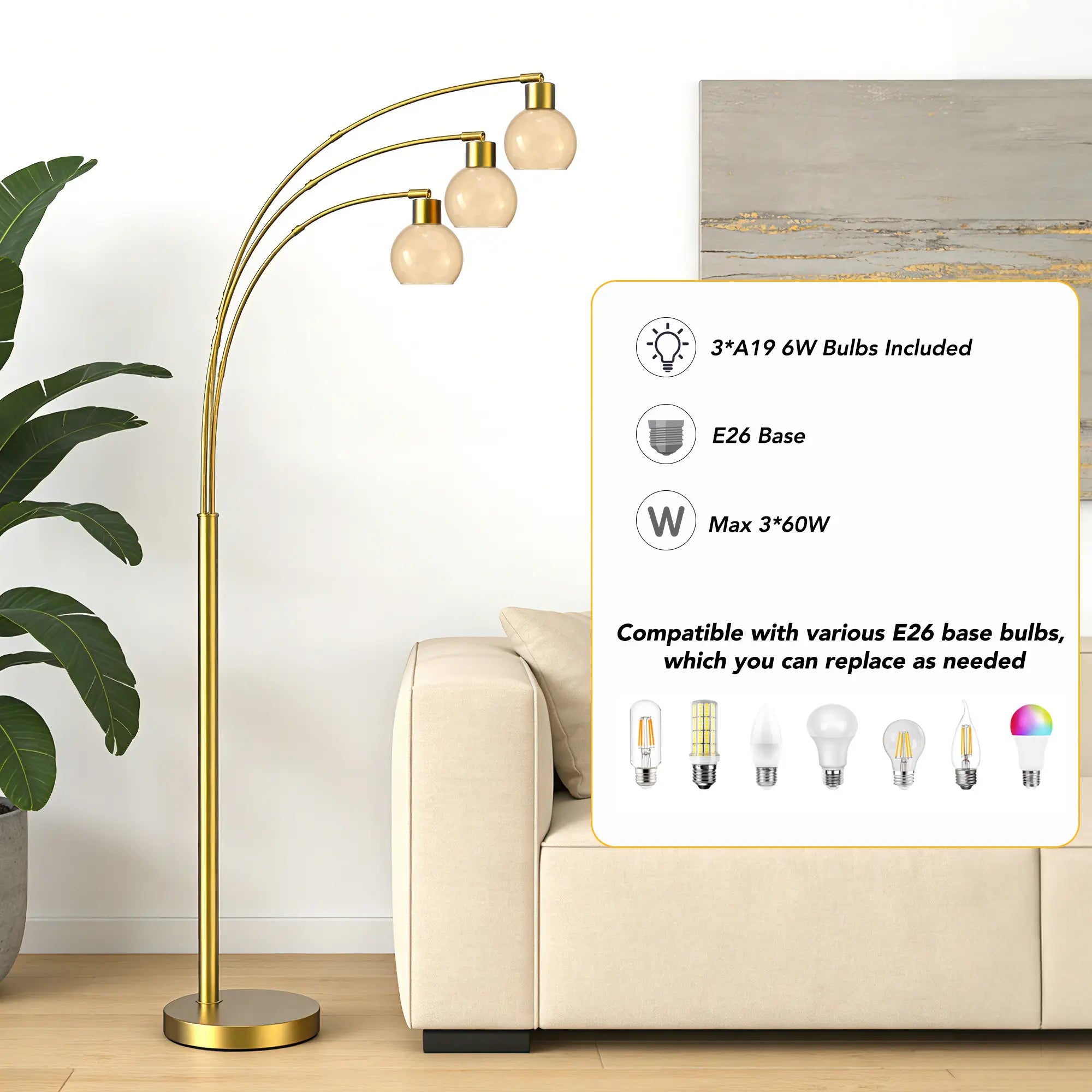Cozylumi™ 72.8in 3-Light Arc Floor Lamp Brushed Gold , Modern Industrial Standing Tree
