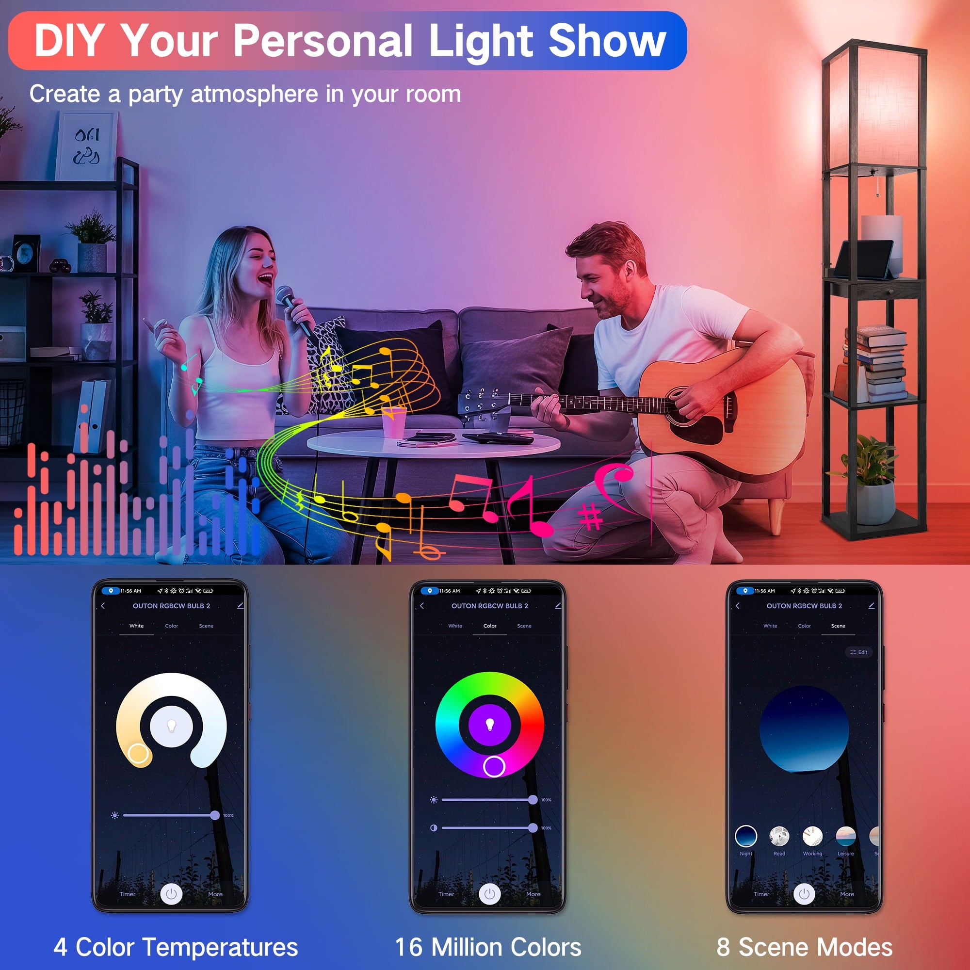 Cozylumi™ Floor Lamp with Shelves & Drawer, RGB LED Standing Lamps with 4 Color