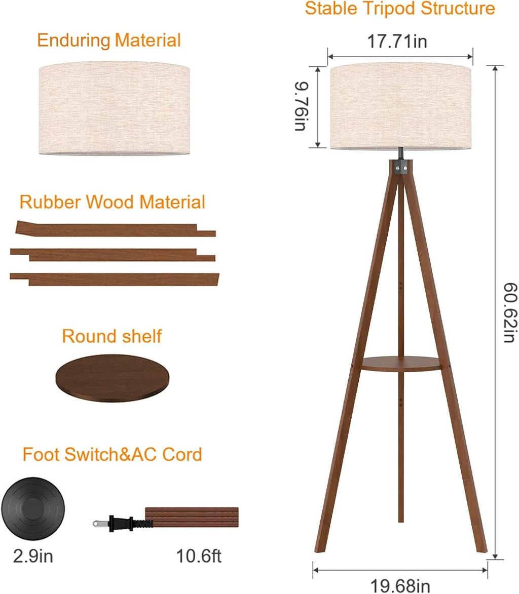 Cozylumi™ Tripod Floor Lamp, Mid Century Wood Standing Lamp, Modern Design Shelf Floor