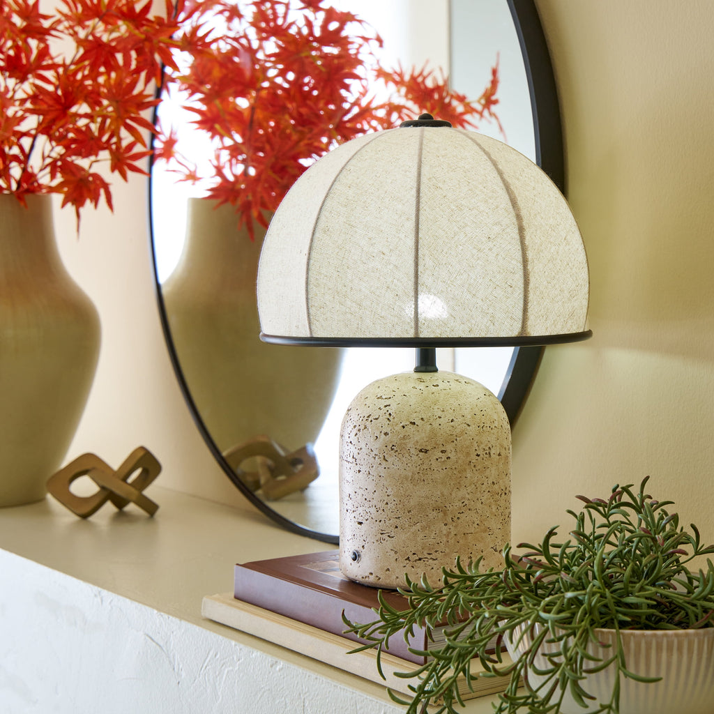 Cozylumi™ Rechargeable 14 in Stone Gourd Table Lamp with Fabric Dome Shade
