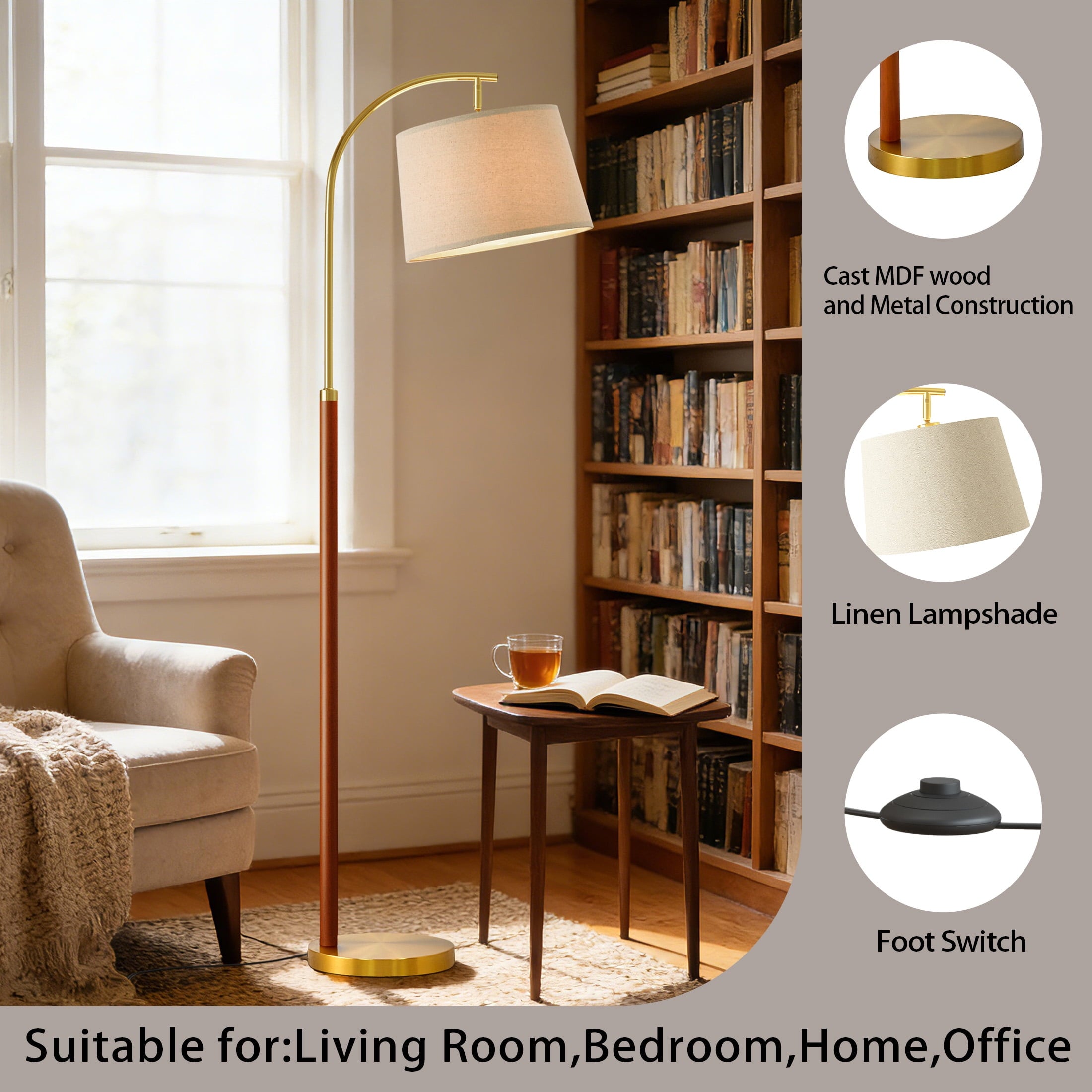 Cozylumi™ 62.5" Farmhouse Floor Lamp with Linen Shade, MDF and Metal, Foot Switch
