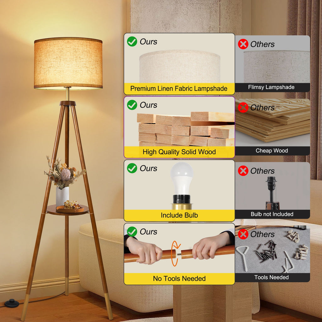 Cozylumi™ Wood Tripod Floor Lamp with Shelves, Dimmable Standing Lamps with Remote