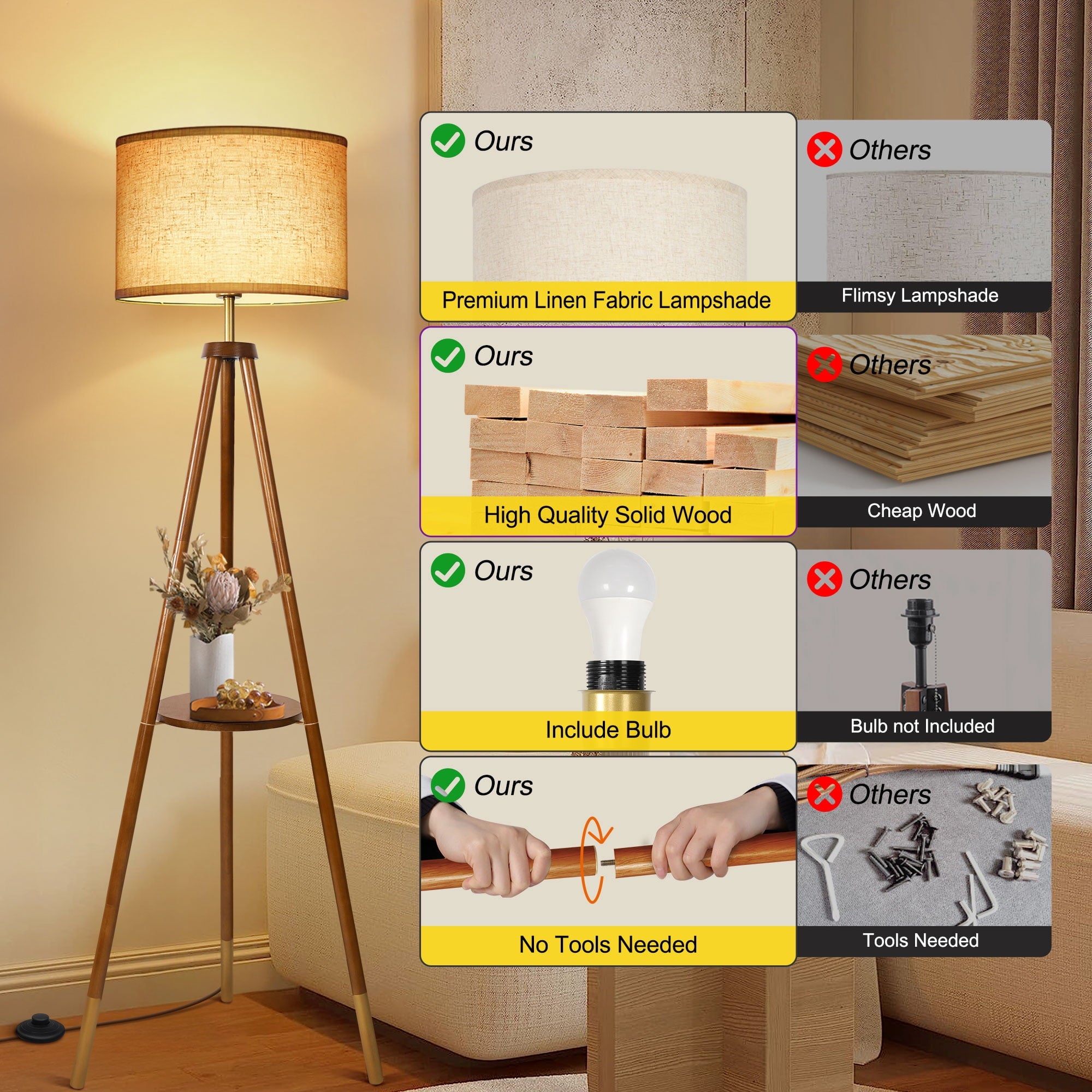 Cozylumi™ Wood Tripod Floor Lamp with Shelves, Dimmable Standing Lamps with Remote