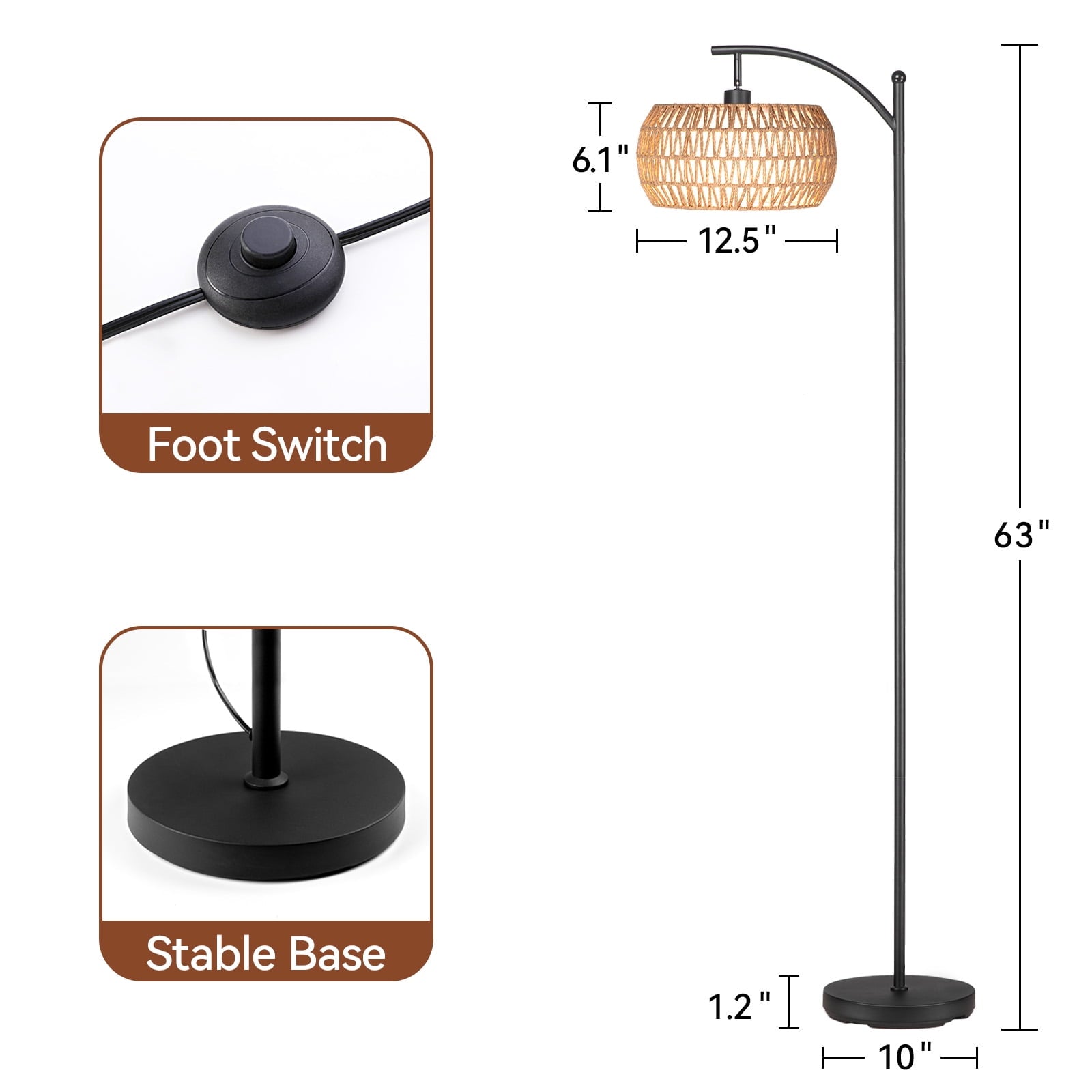 Cozylumi™ 63'' Dimmable Arc Rattan Floor Lamp, Black Standing Lamp with Rattan & Fabric