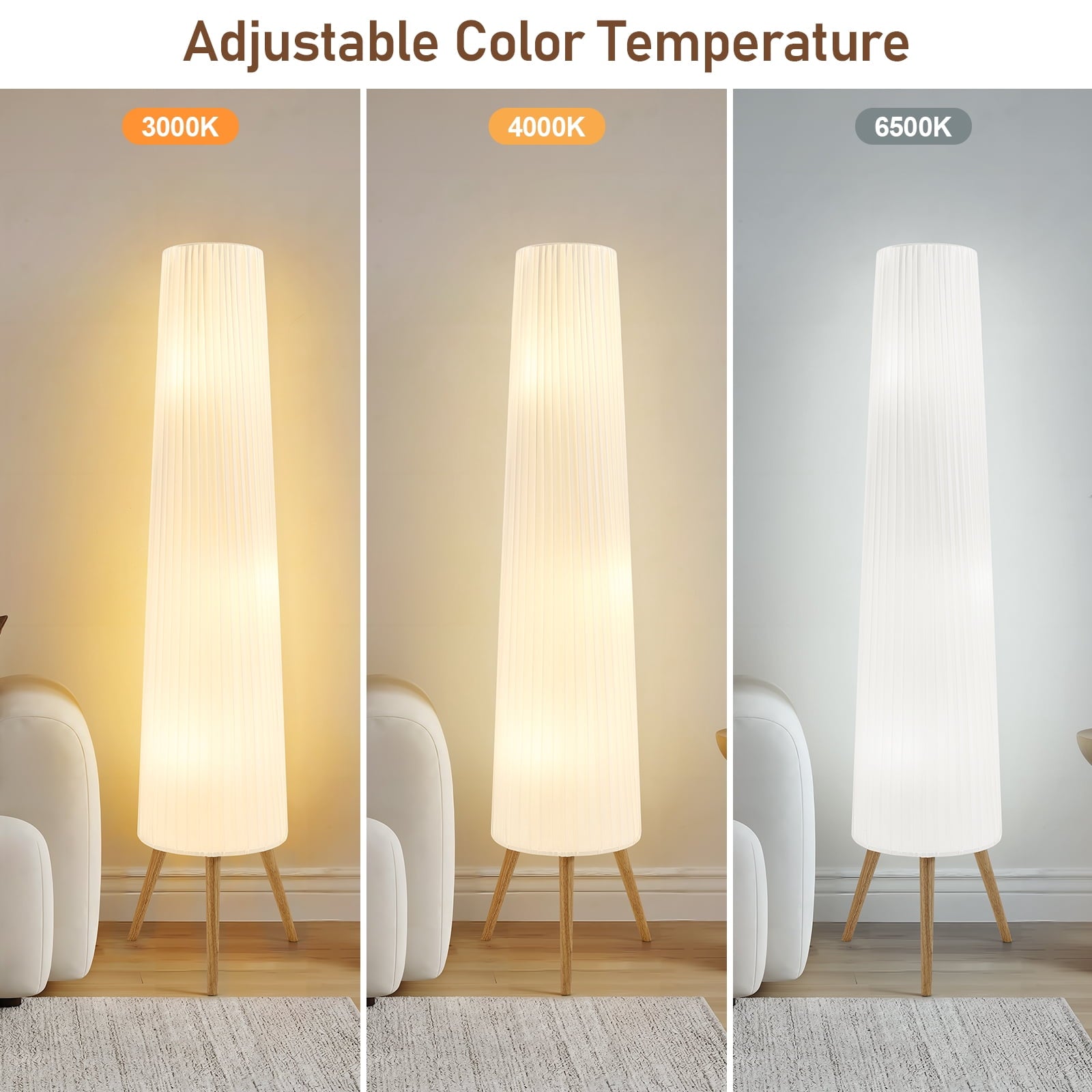 Cozylumi™ 60 Inch White Wood Floor Lamp Adjustable Color Temperature Light with Three