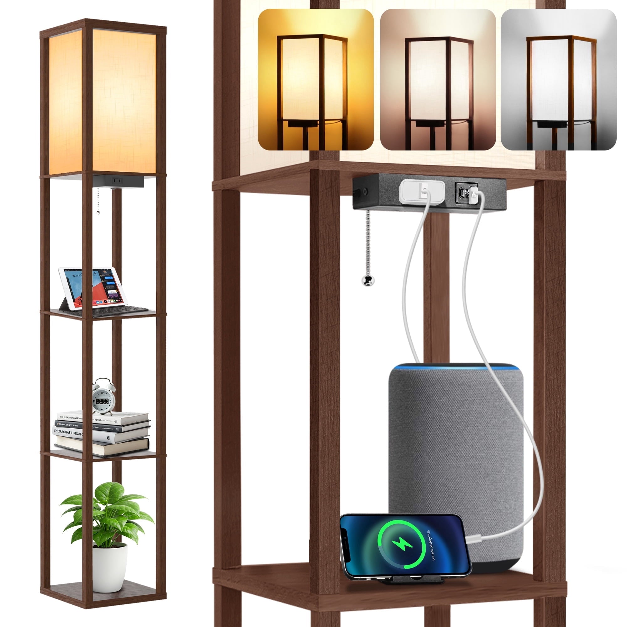 Cozylumi™ Floor Lamp with Shelves, Standing Lamp with USB & Type C & Power Outlet, 3