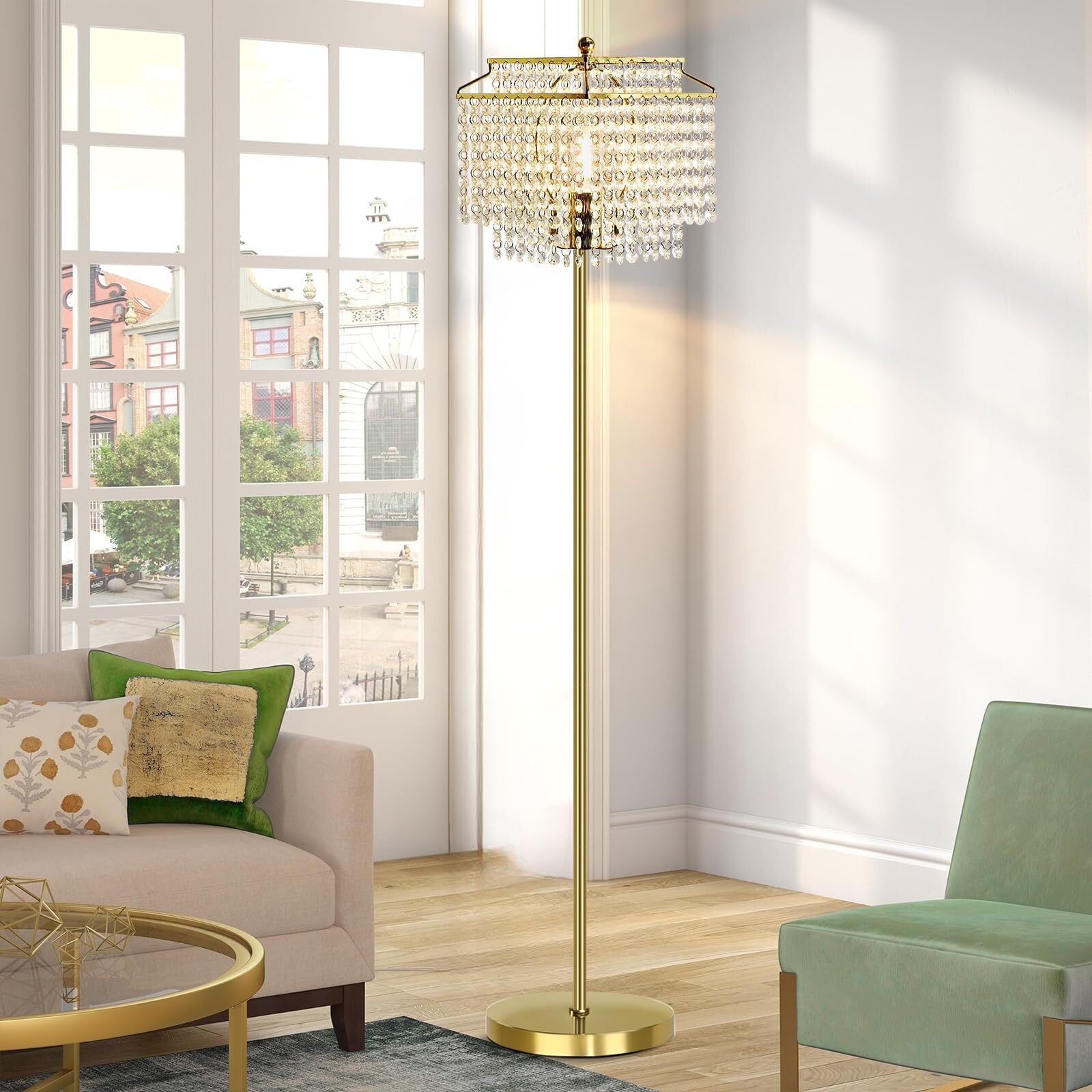 Cozylumi™ Gold Crystal Floor Lamp , Modern Standing Lamps with Double-Layer Lampshade