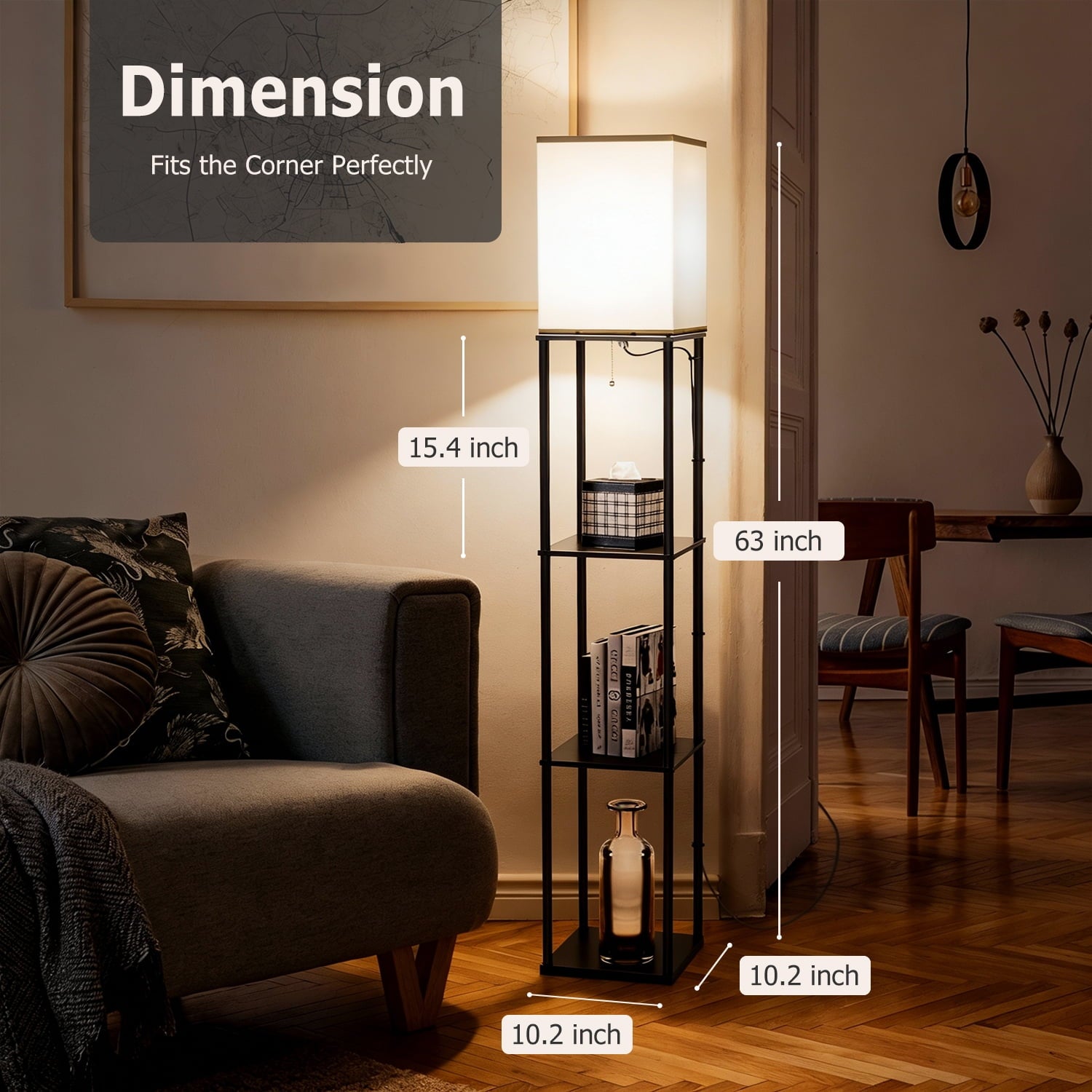 Cozylumi™ Coliware 63" Black Floor Lamp with Shelves, 3-Tier Wood Modern Standing Lamp
