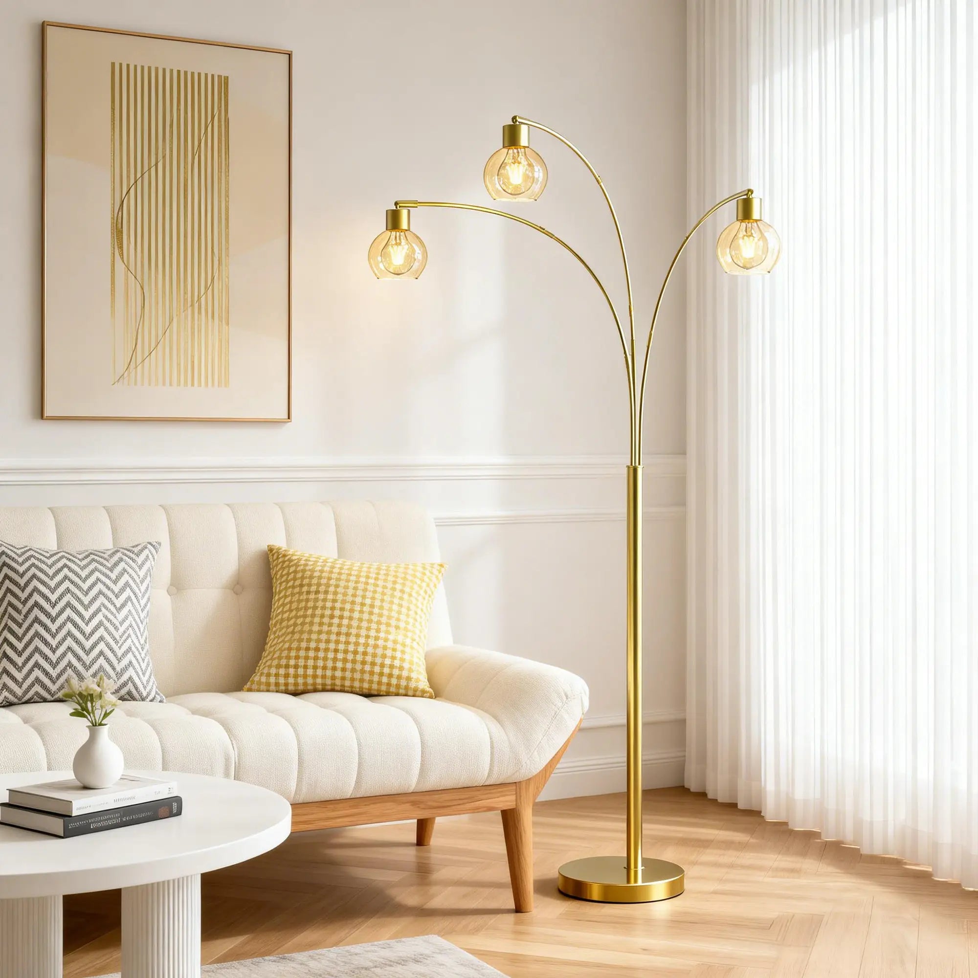 Cozylumi™ 72.8in 3-Light Arc Floor Lamp Brushed Gold , Modern Industrial Standing Tree