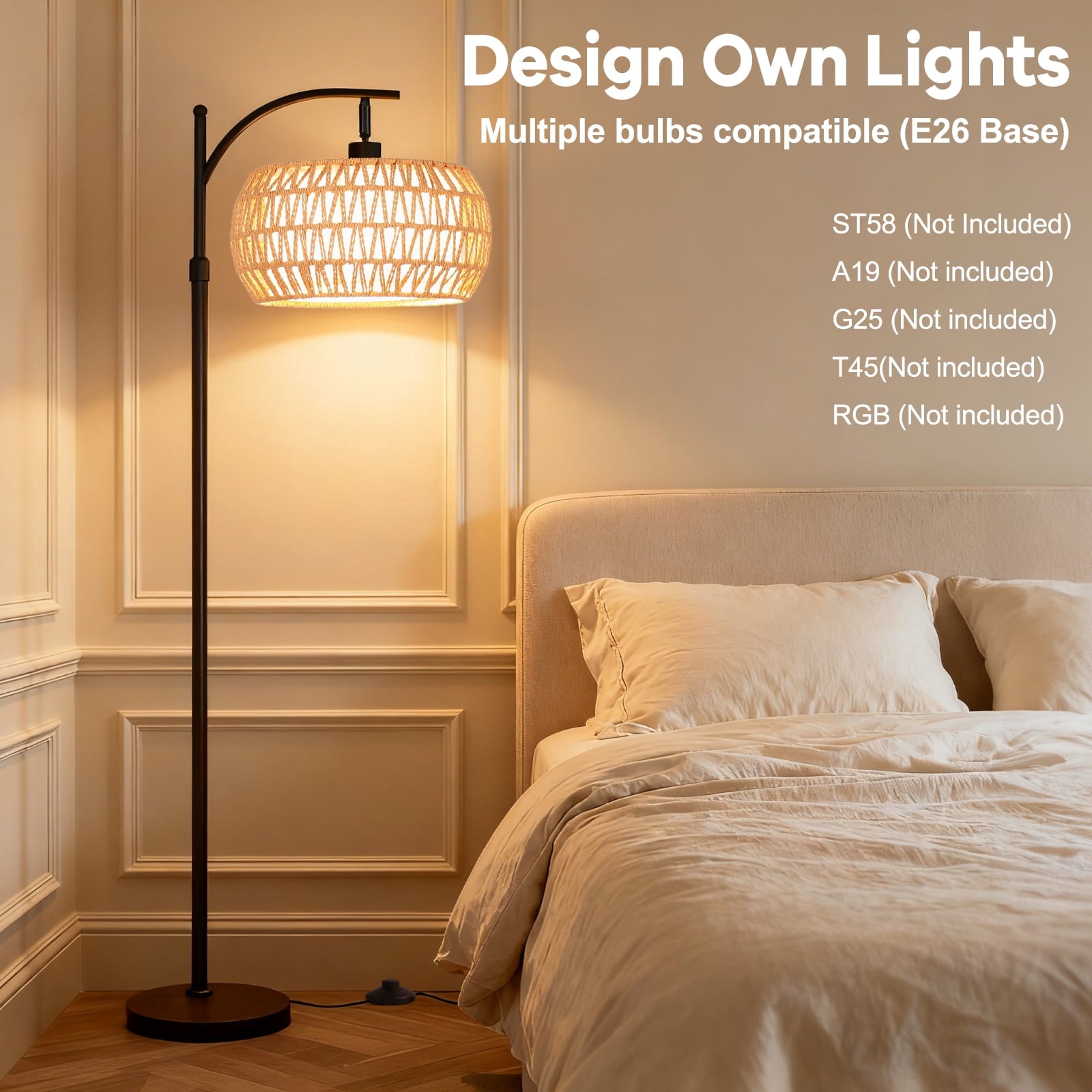 Cozylumi™ 70'' Dimmable Arc Rattan Floor Lamp Standing Lamp with Rattan & Fabric Double