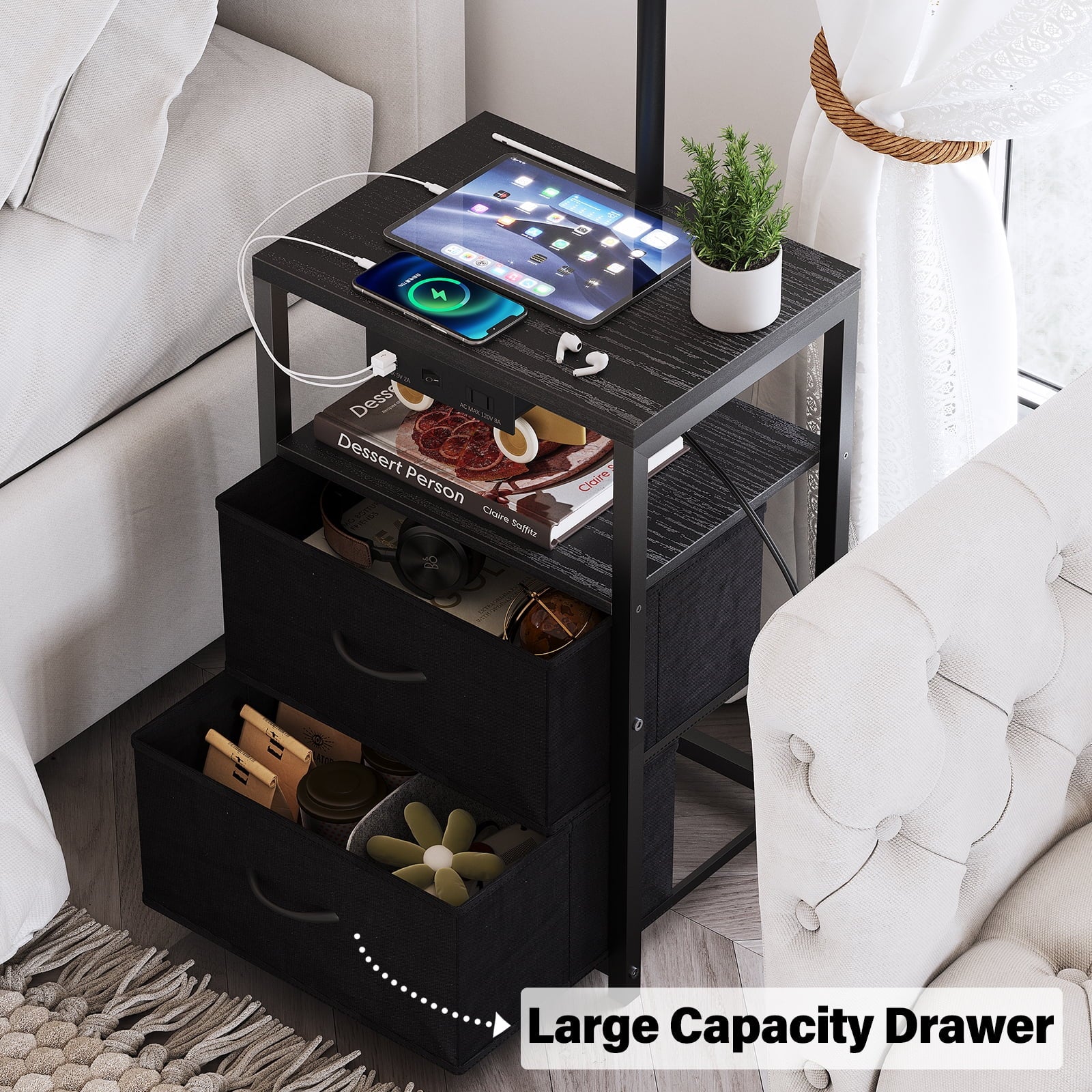 Cozylumi™ Floor Lamp with Table & 2 Drawers, Lamp with USB Port and Outlet, 3 Color Led