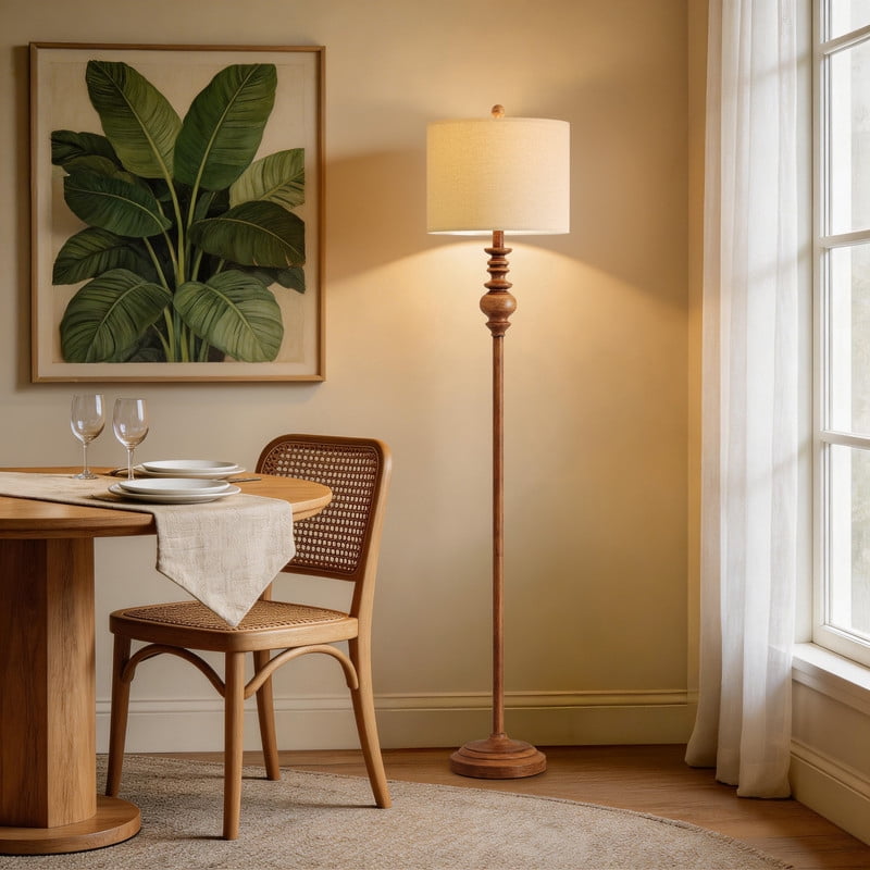 Cozylumi™ 64.25" Farmhouse Floor Lamp,Brown Bedside Lamp with Fabric Shade,Standing