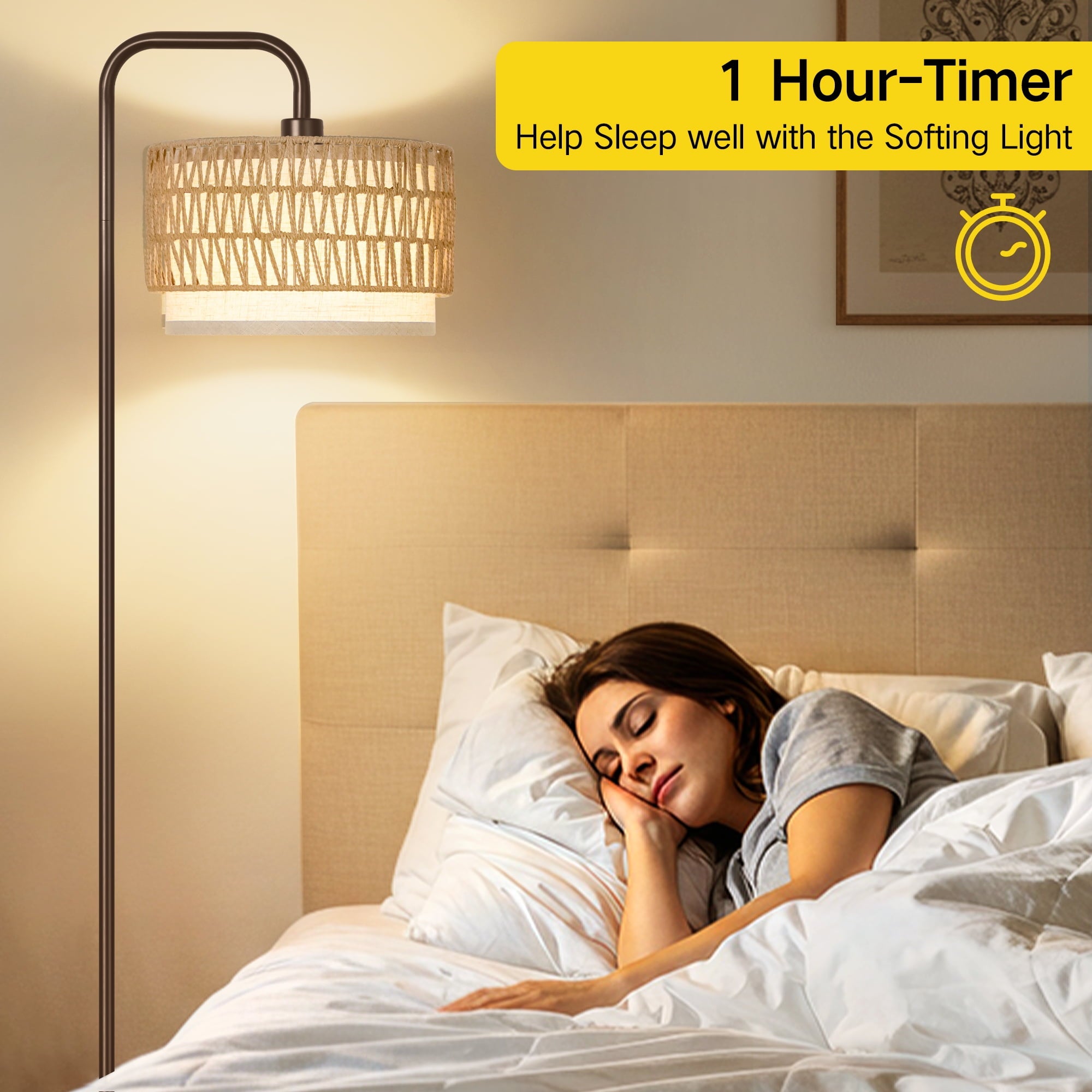 Cozylumi™ Floor Lamps, Boho Standing Lamps with Rattan & Linen Double Shades, Arc Lamp