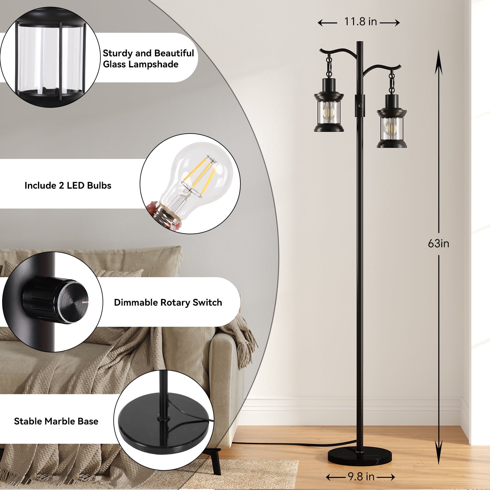Cozylumi™ 63" Modern Floor Lamps with Stepless Dimming, 2 Light Glass Floor Lamps for