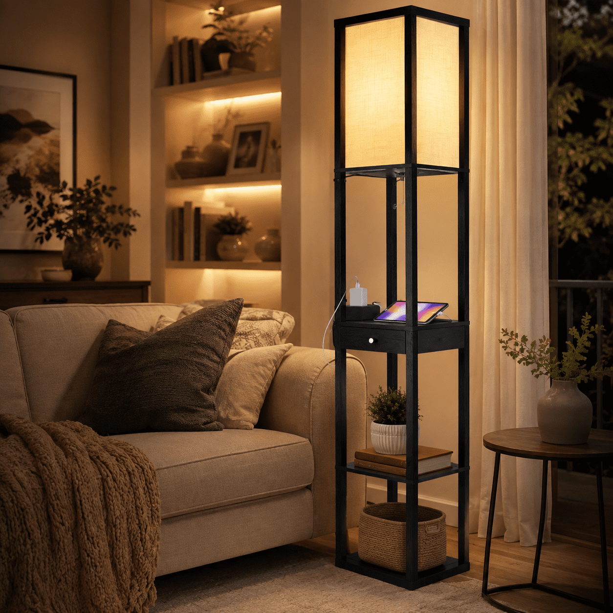 Cozylumi™ Floor Lamp with Shelves & Drawer, LED Standing Lamps with 3 Color
