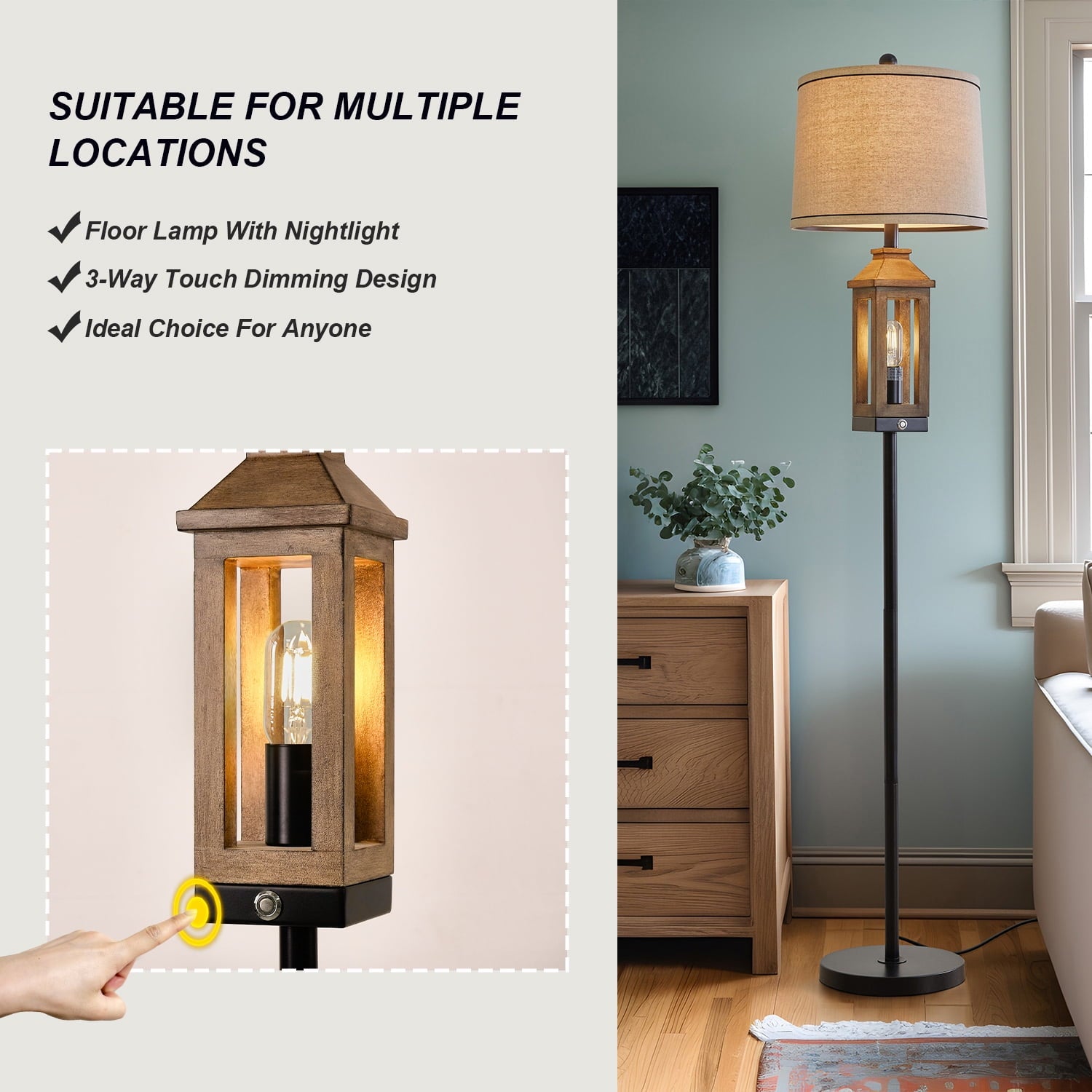 Cozylumi™ 63" 3 Way Dimmable Farmhouse Floor Lamp with 2 Light Sources ,Brown Metal