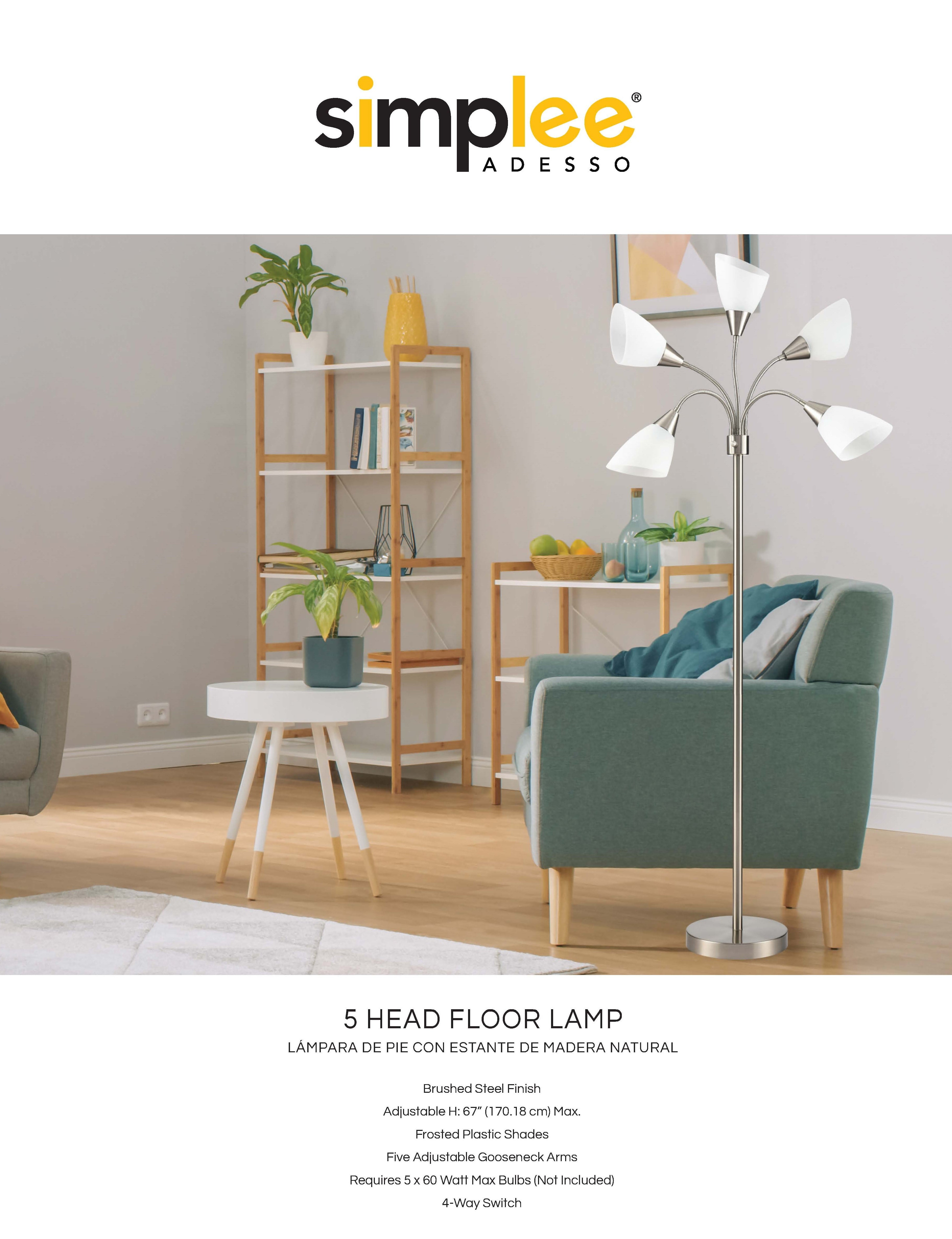 Cozylumi™ Simplee 67" 5-Light Modern Adjustable Arm Brushed Steel Floor Lamp with White