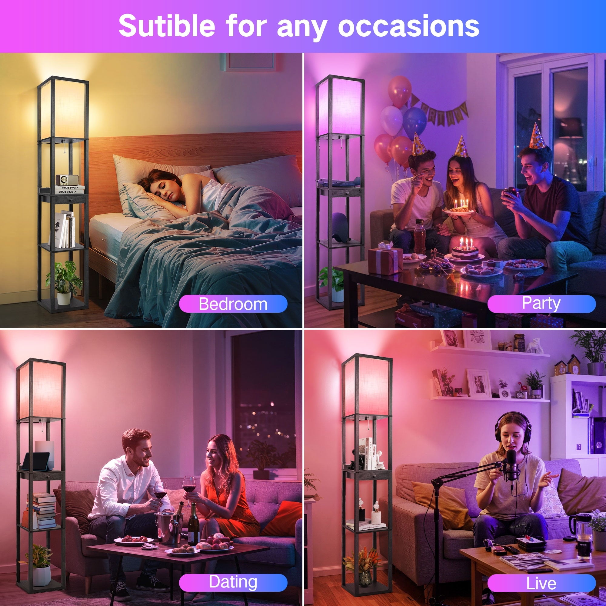 Cozylumi™ Floor Lamp with Shelves & Drawer, RGB LED Standing Lamps with 4 Color